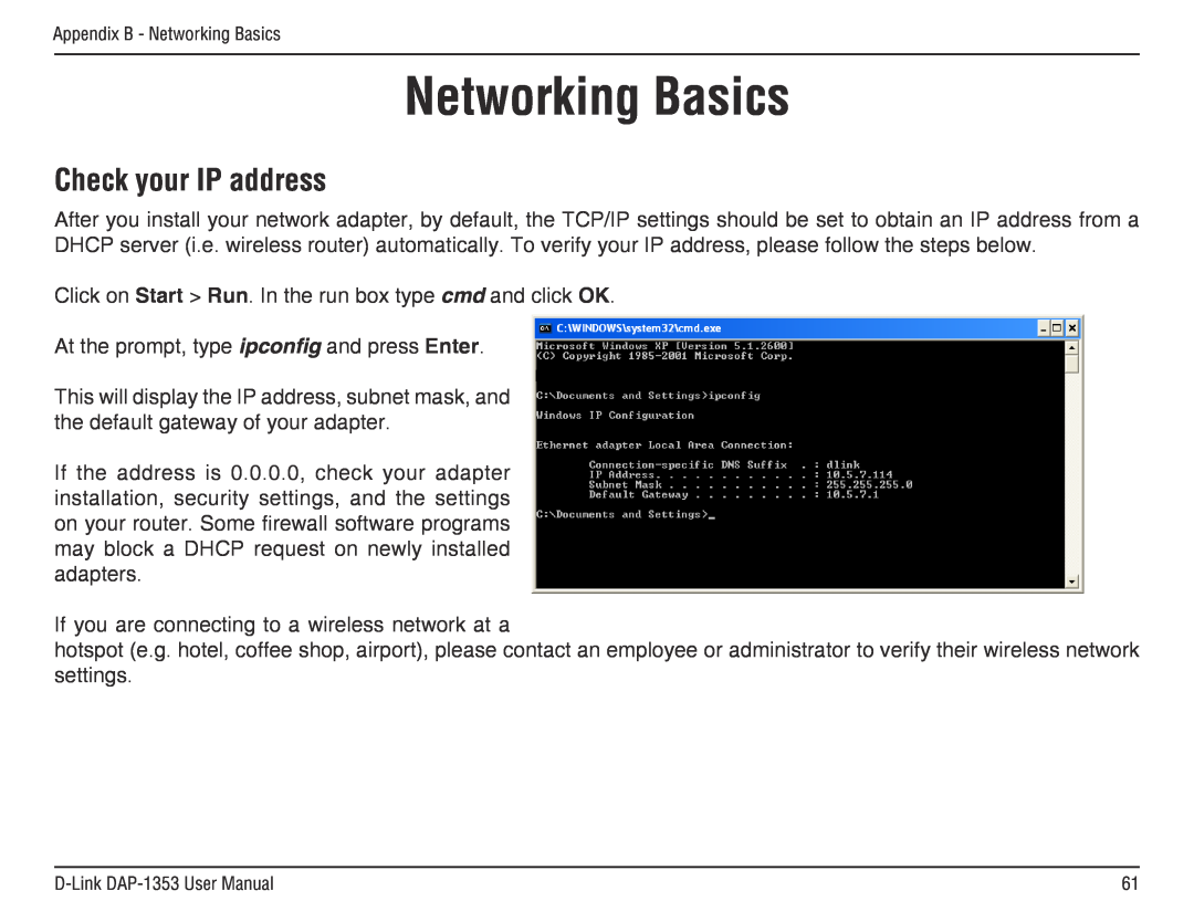 D-Link RangeBooster N 650 Access Point, DAP-1353 manual Networking Basics, Check your IP address 