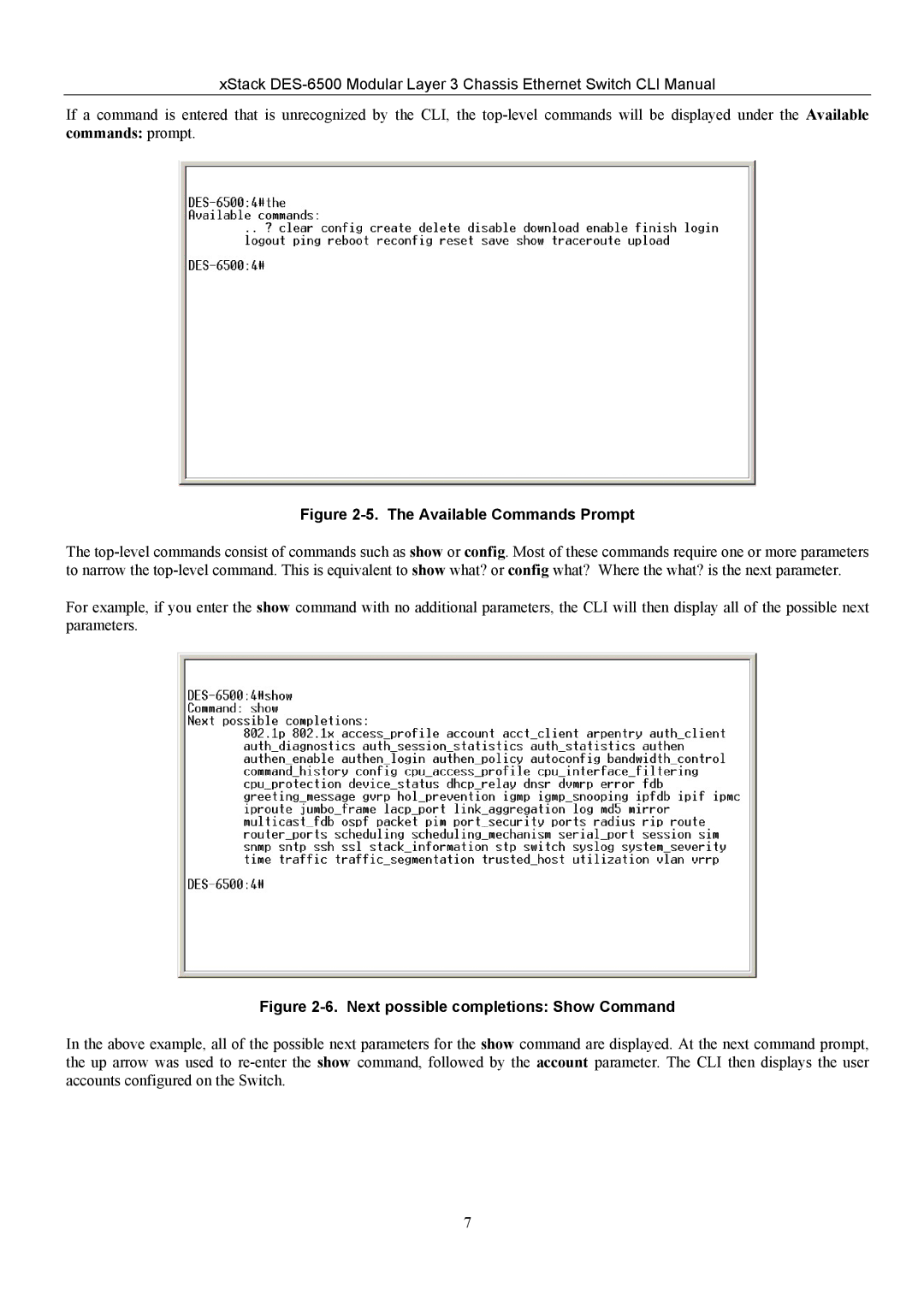 D-Link TM DES-6500 manual Available Commands Prompt 