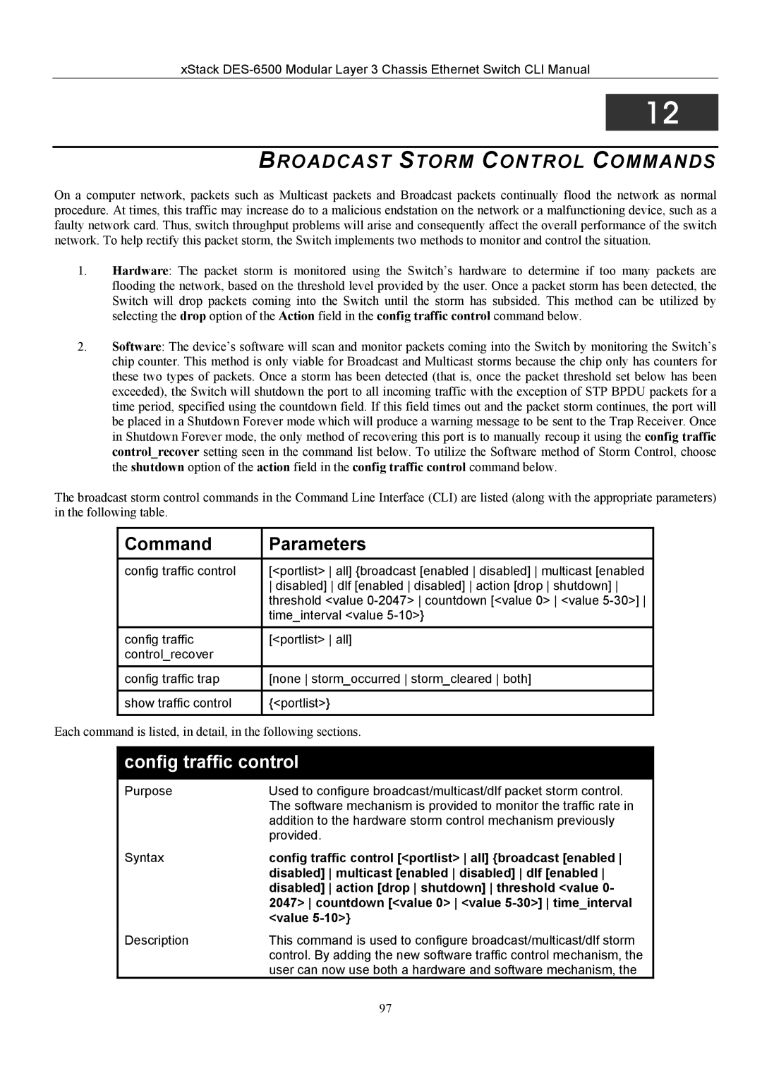 D-Link TM DES-6500 manual Broadcast Storm Control Commands, Config traffic control 