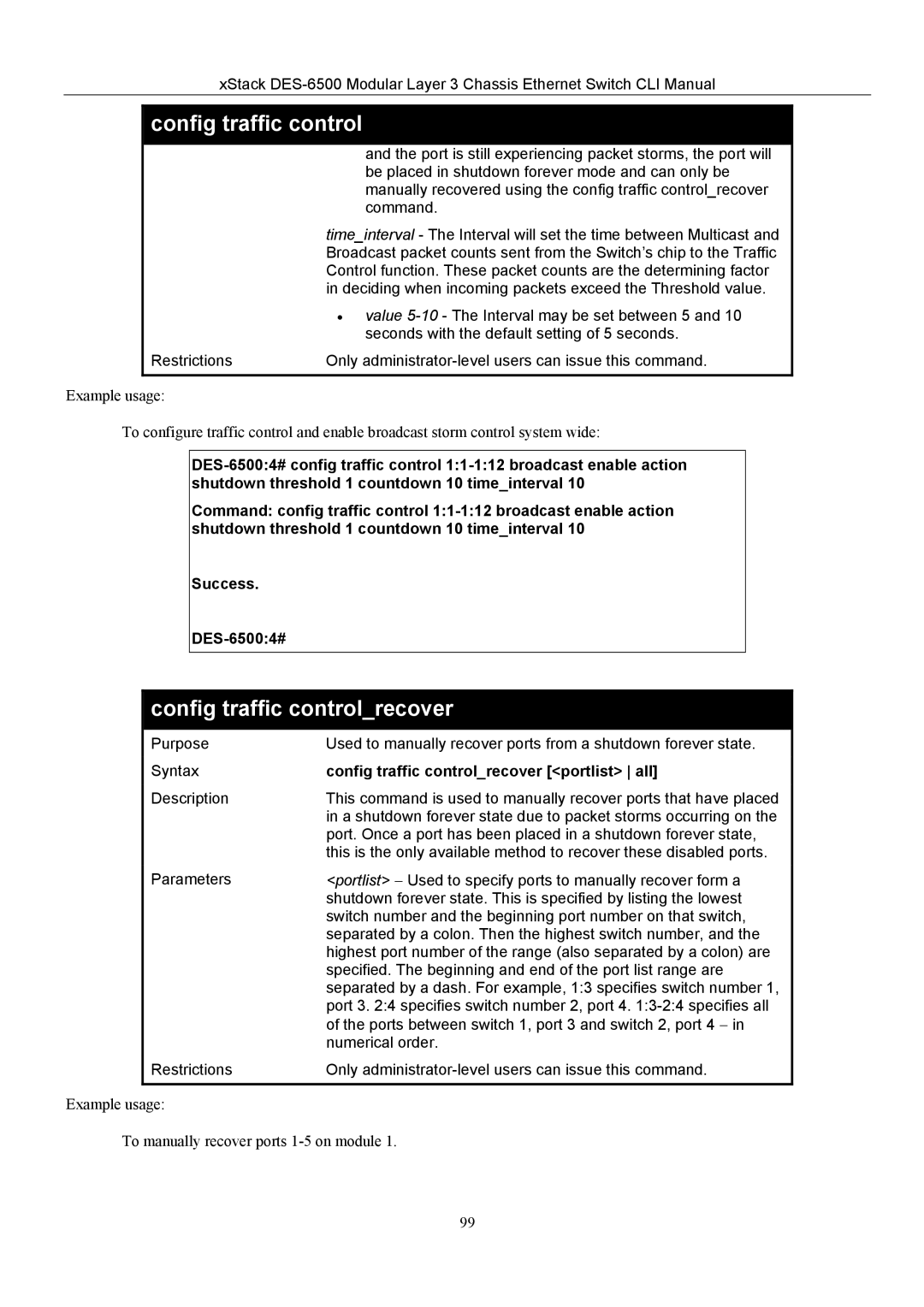 D-Link TM DES-6500 manual Config traffic controlrecover, Deciding when incoming packets exceed the Threshold value 