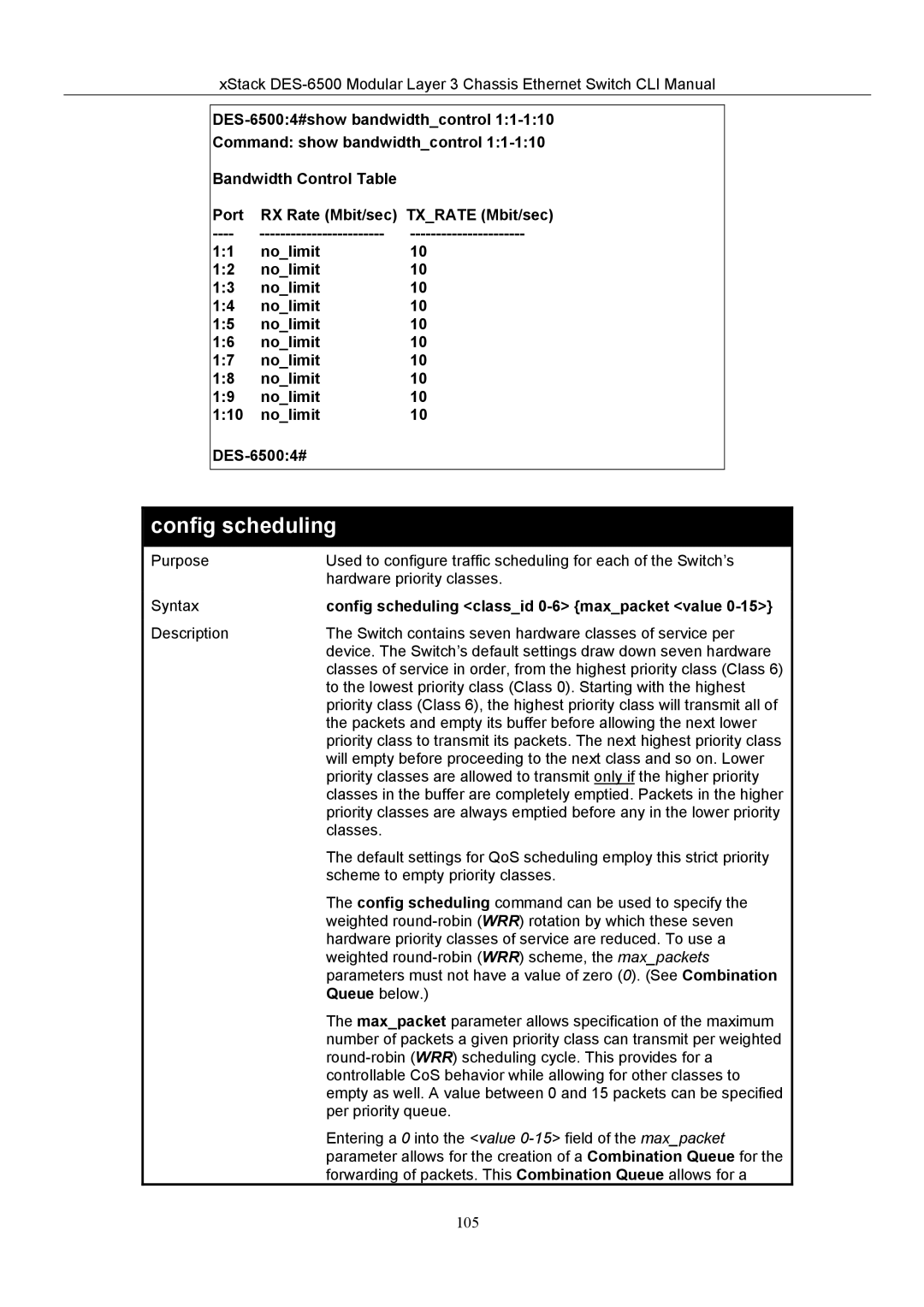 D-Link TM DES-6500 manual Config scheduling classid 0-6 maxpacket value 