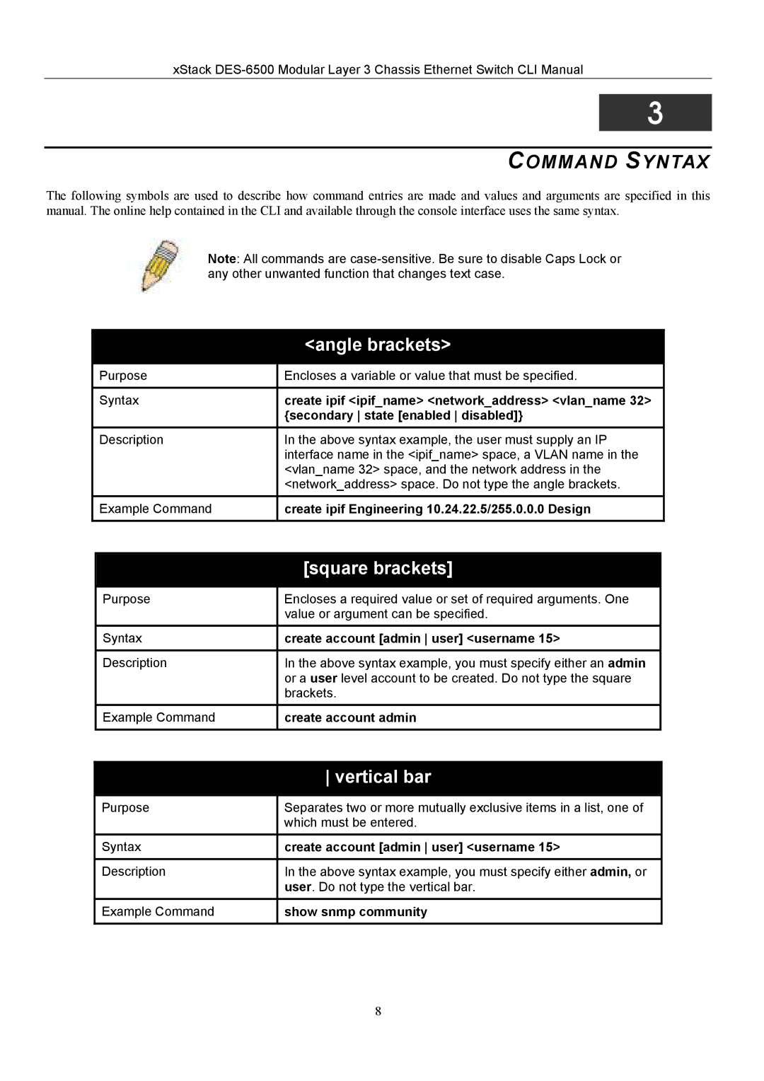 D-Link TM DES-6500 manual Command Syntax, Angle brackets, Square brackets, Vertical bar 