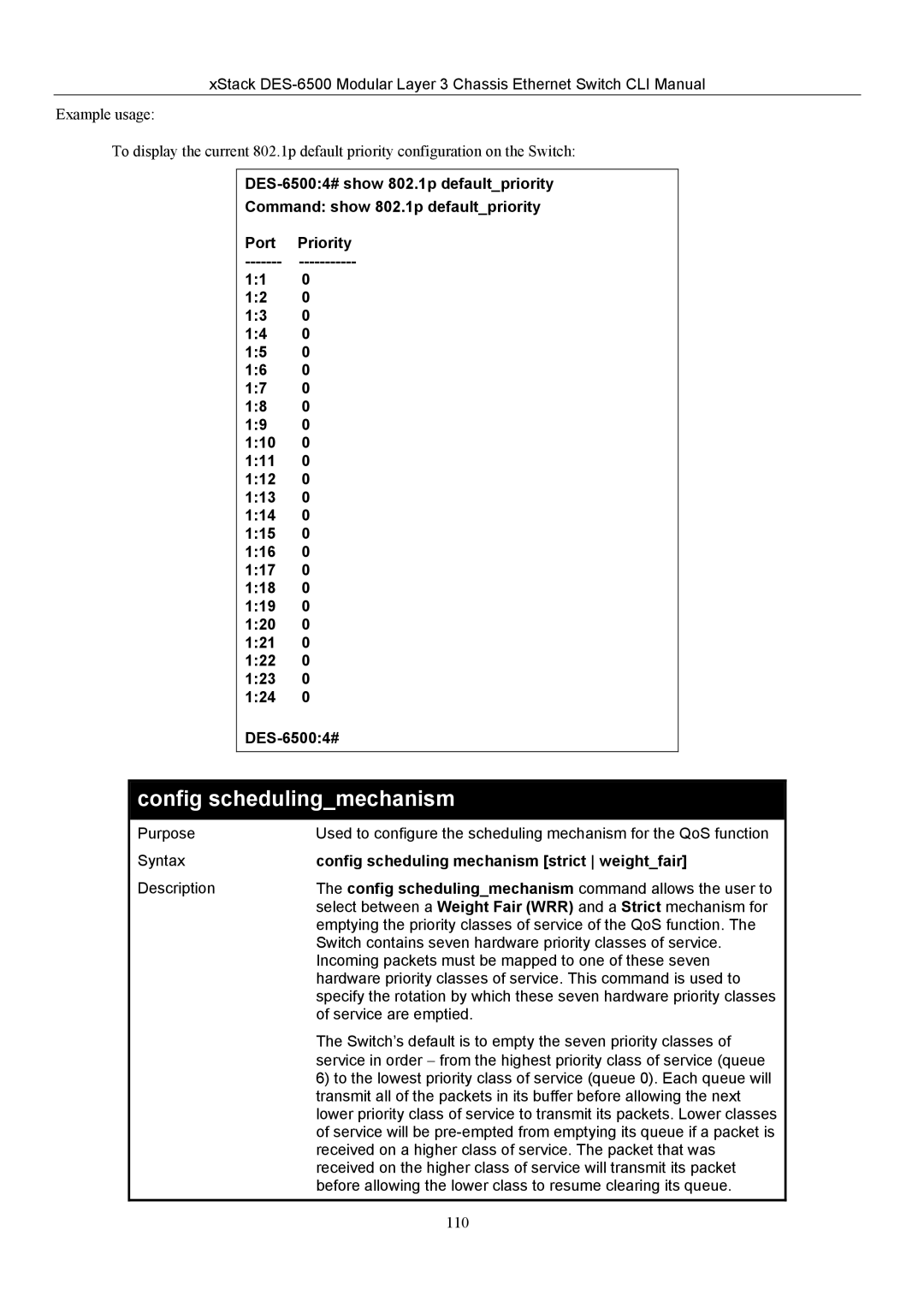 D-Link TM DES-6500 manual Config schedulingmechanism, Config scheduling mechanism strict weightfair 