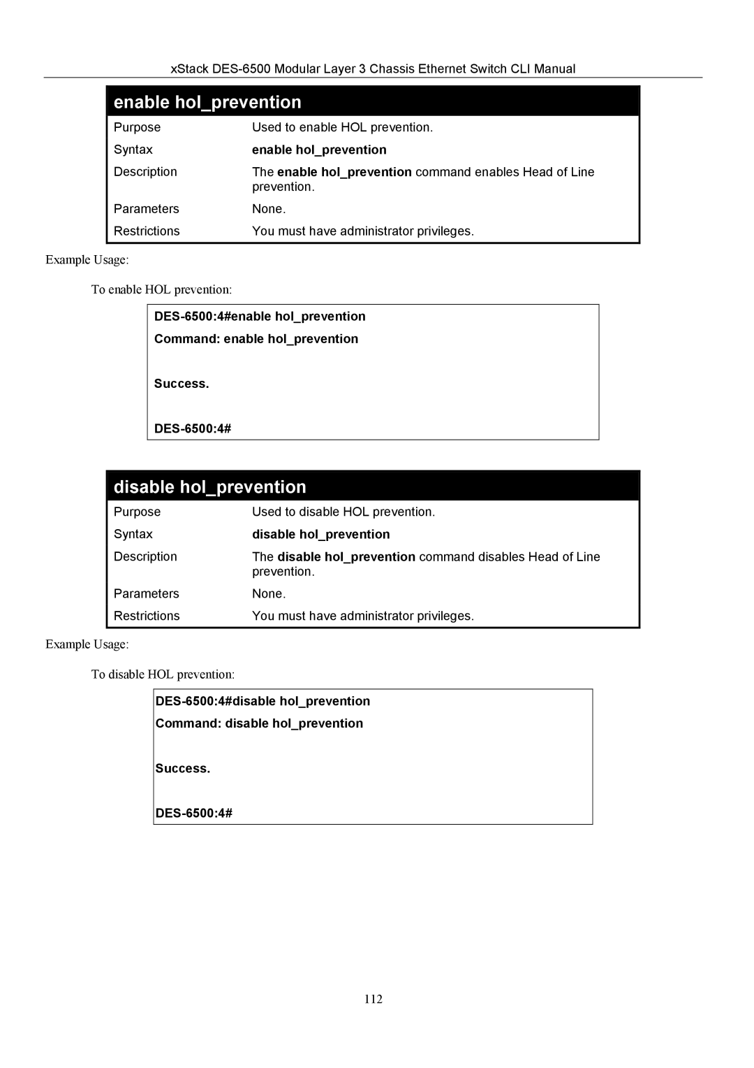 D-Link TM DES-6500 manual Enable holprevention, Disable holprevention 