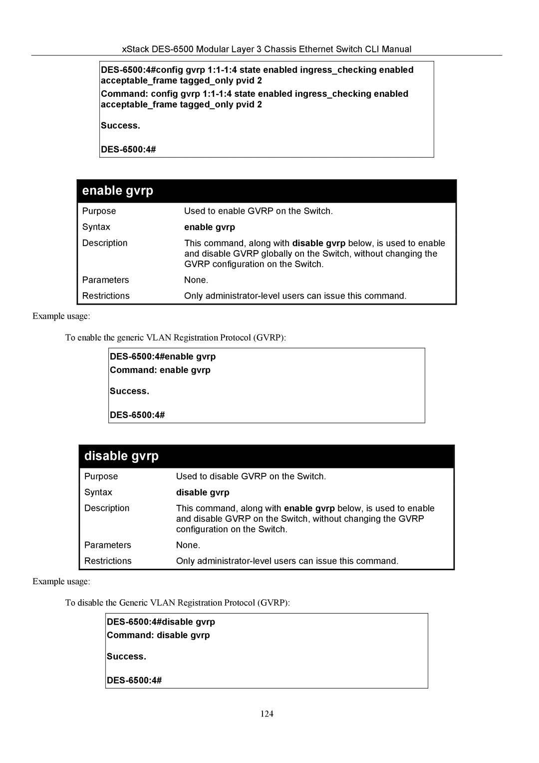 D-Link TM DES-6500 manual Enable gvrp, Disable gvrp 