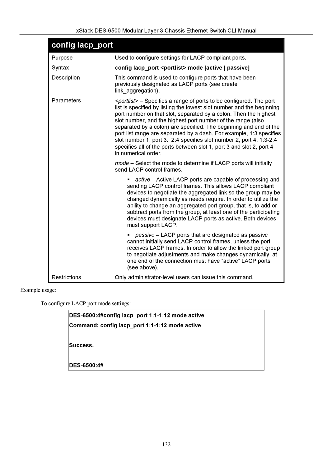 D-Link TM DES-6500 manual Config lacpport portlist mode active passive 