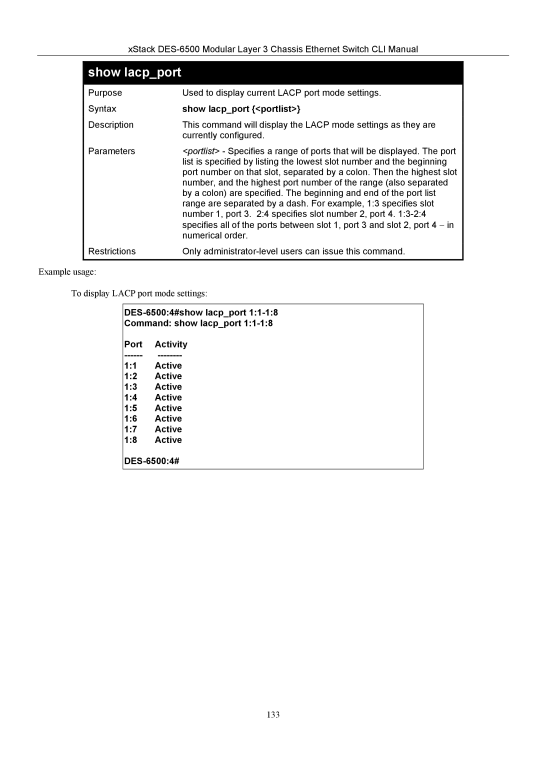 D-Link TM DES-6500 manual Show lacpport portlist 