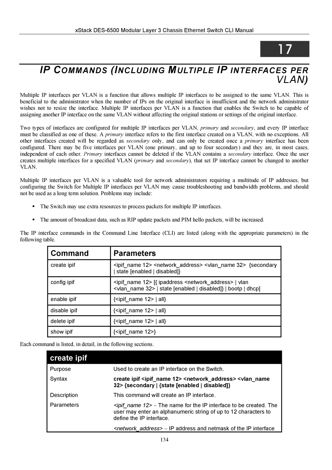 D-Link TM DES-6500 manual IP Commands Including Multiple IP Interfaces PER, Create ipif 