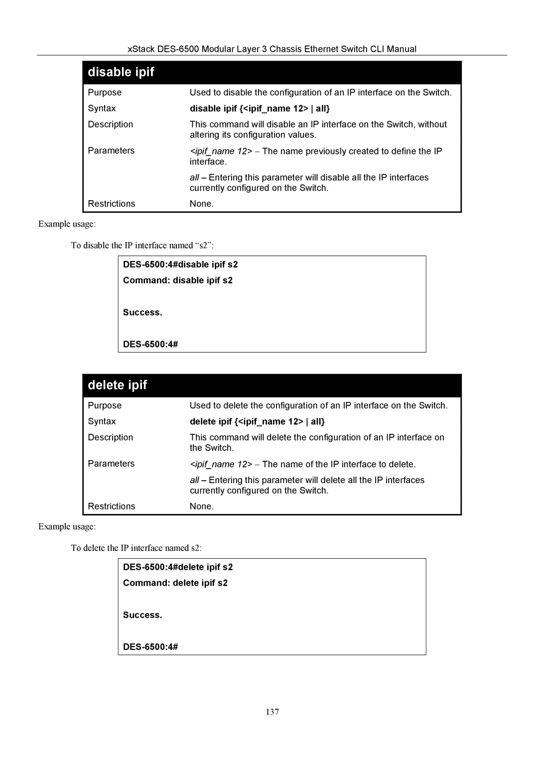 D-Link TM DES-6500 manual Disable ipif, Delete ipif 