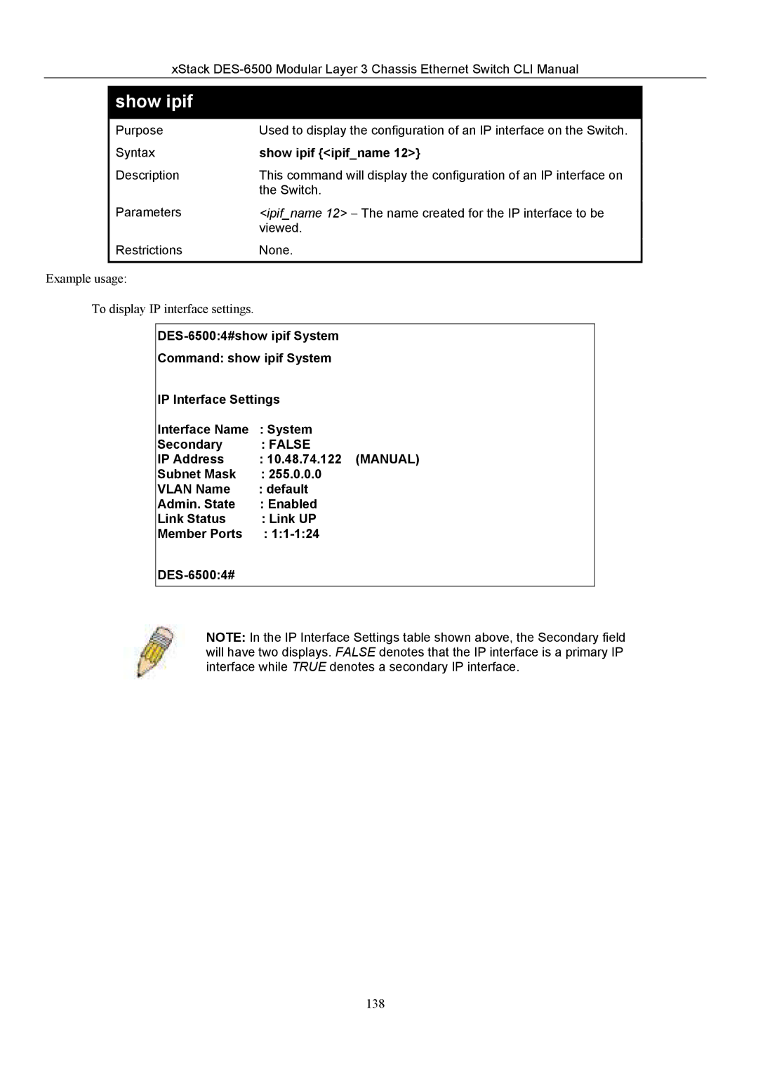 D-Link TM DES-6500 manual Show ipif ipifname 