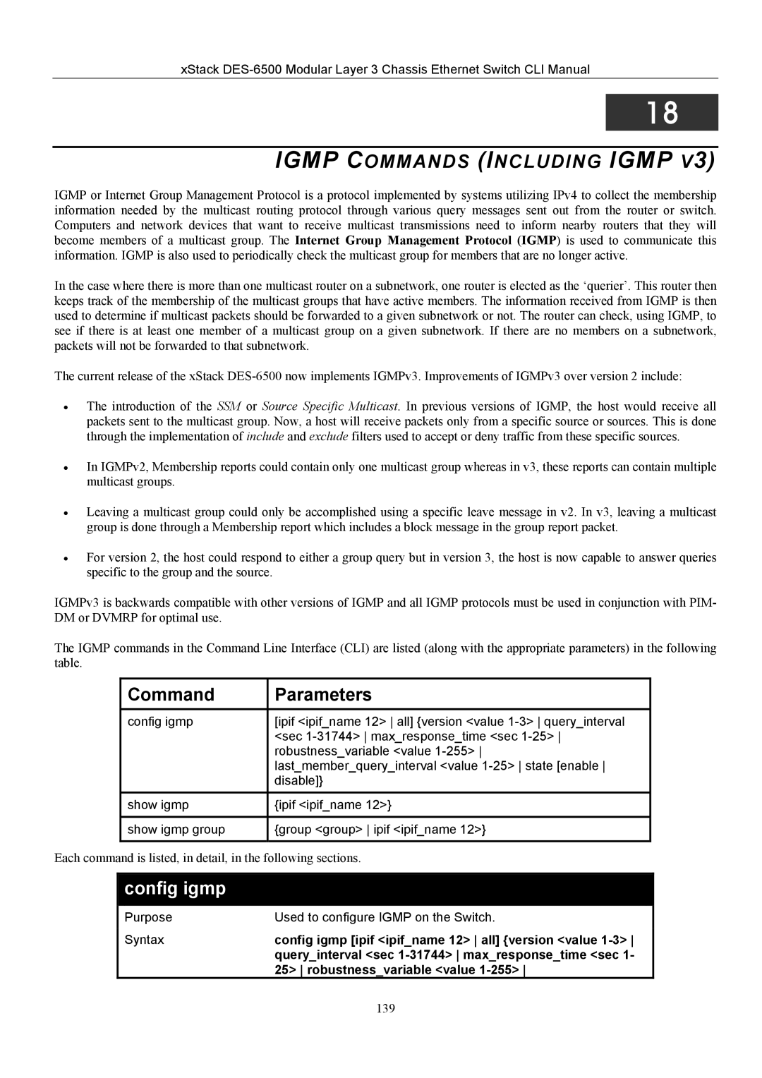 D-Link TM DES-6500 manual Igmp Commands Including Igmp, Config igmp 