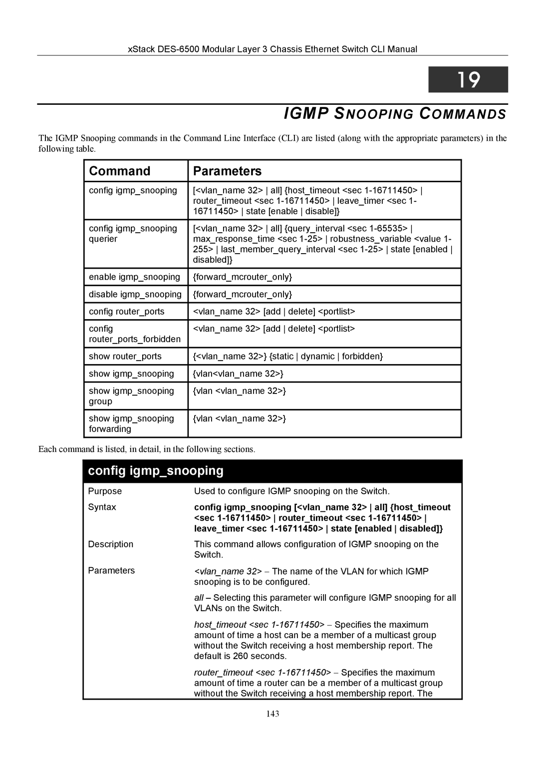 D-Link TM DES-6500 manual Igmp Snooping Commands, Config igmpsnooping vlanname 32 all hosttimeout 