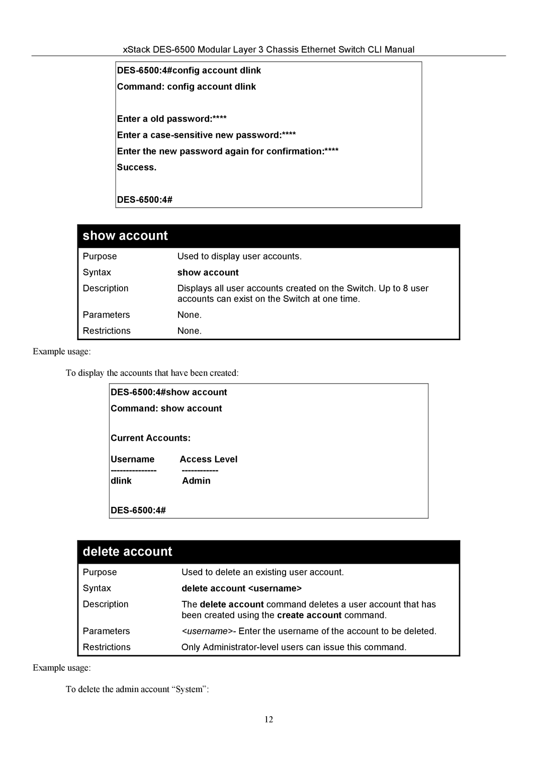 D-Link TM DES-6500 manual Show account, Delete account username 