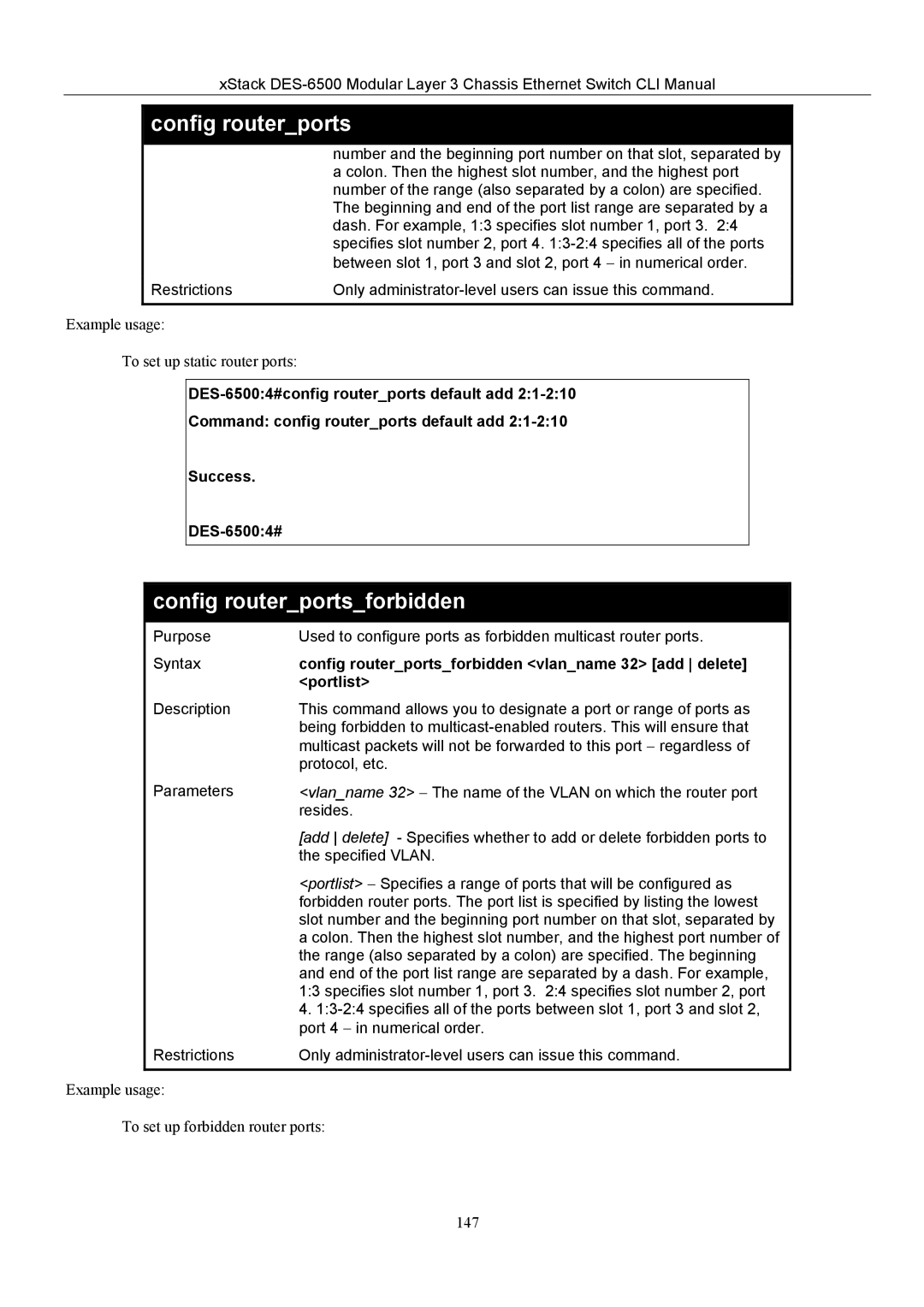 D-Link TM DES-6500 manual Config routerportsforbidden vlanname 32 add delete, Portlist 