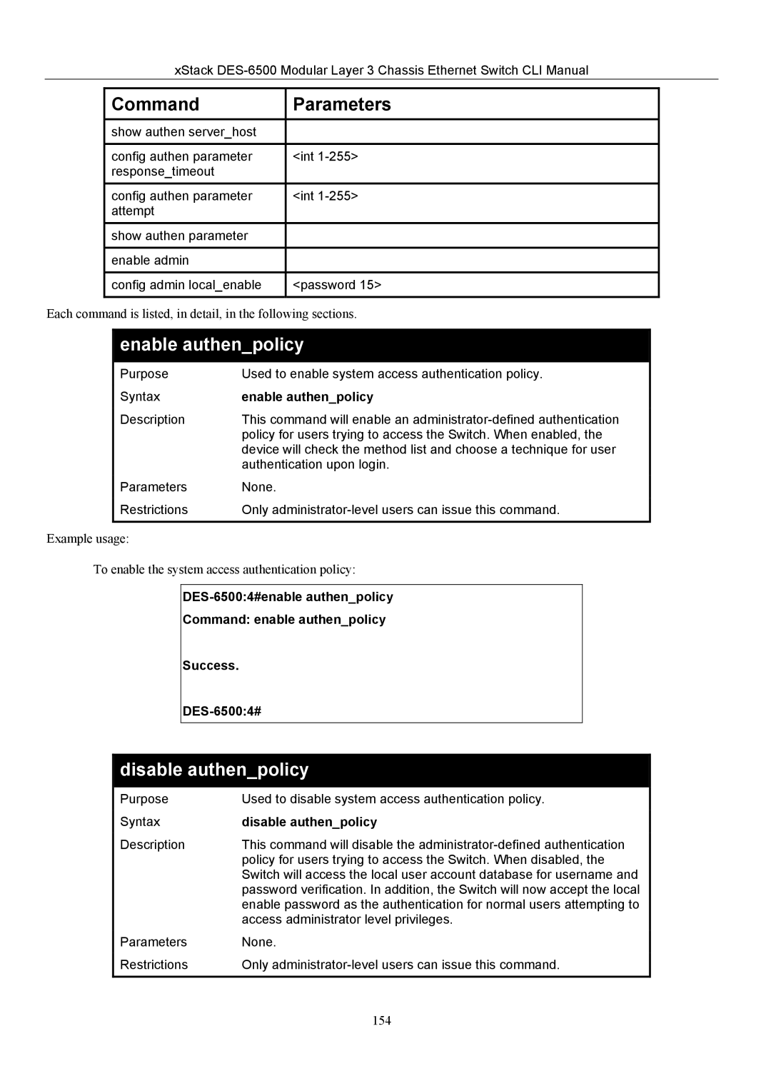 D-Link TM DES-6500 manual Enable authenpolicy, Disable authenpolicy 