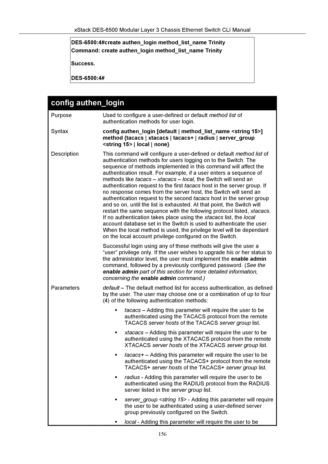 D-Link TM DES-6500 Config authenlogin default methodlistname string, Method tacacs xtacacs tacacs+ radius servergroup 