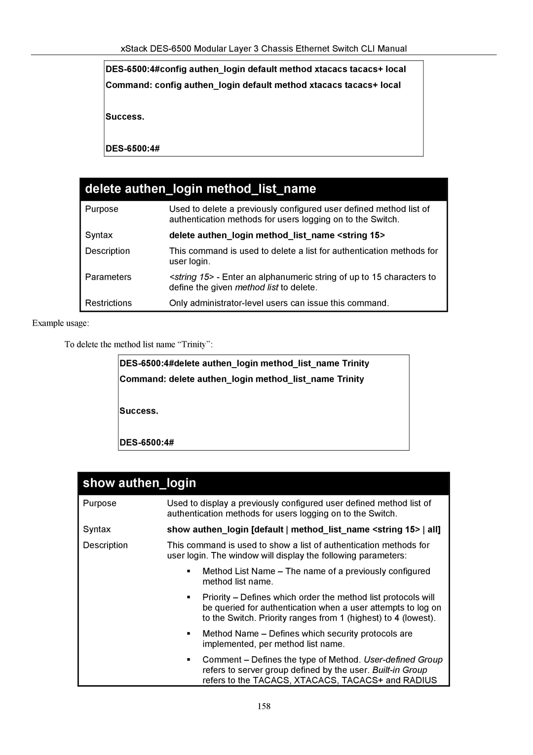 D-Link TM DES-6500 manual Show authenlogin, Delete authenlogin methodlistname string 