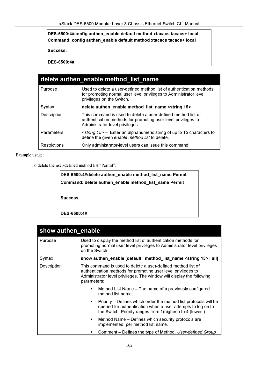 D-Link TM DES-6500 manual Show authenenable, Delete authenenable methodlistname string 