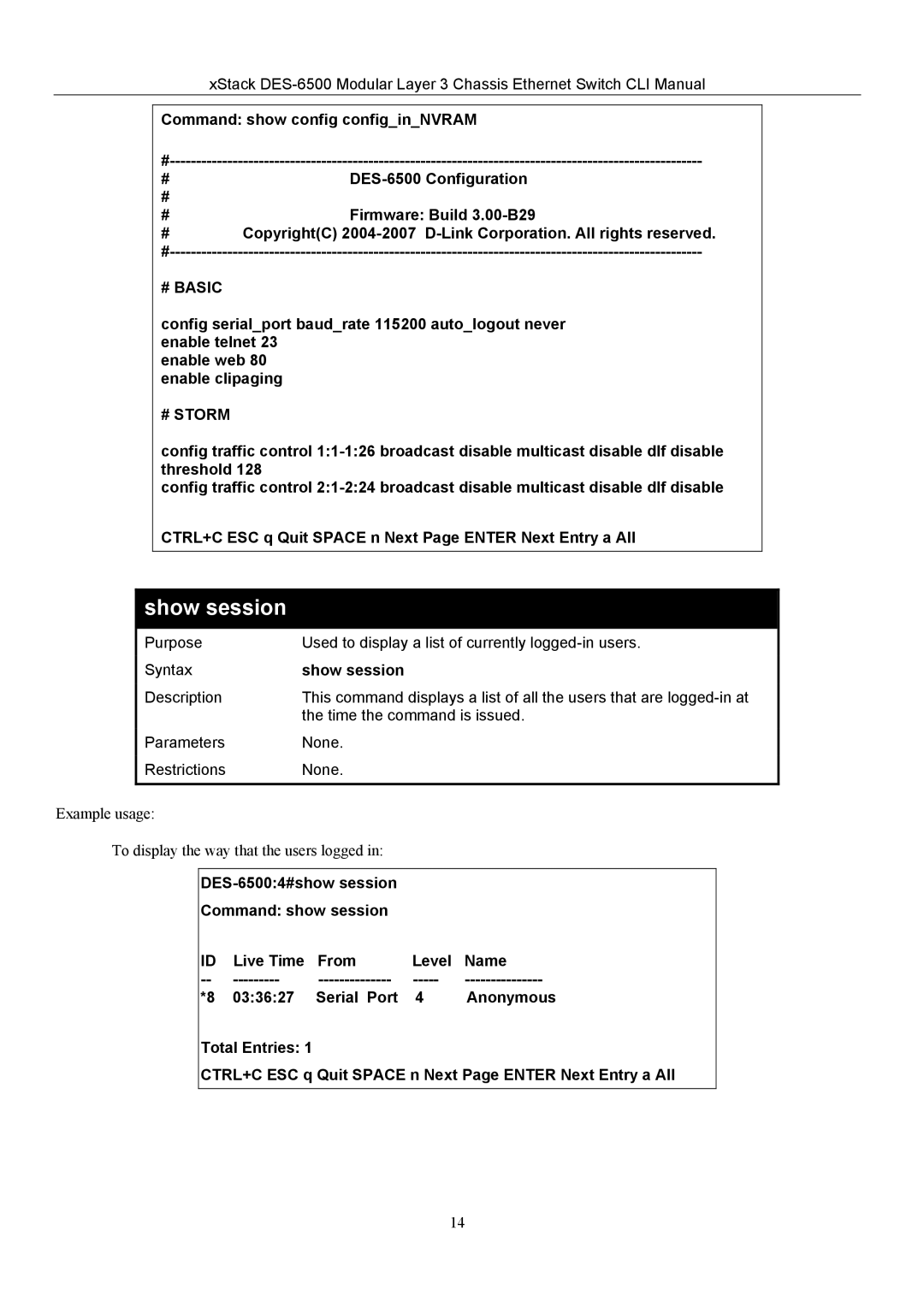 D-Link TM DES-6500 manual Show session 