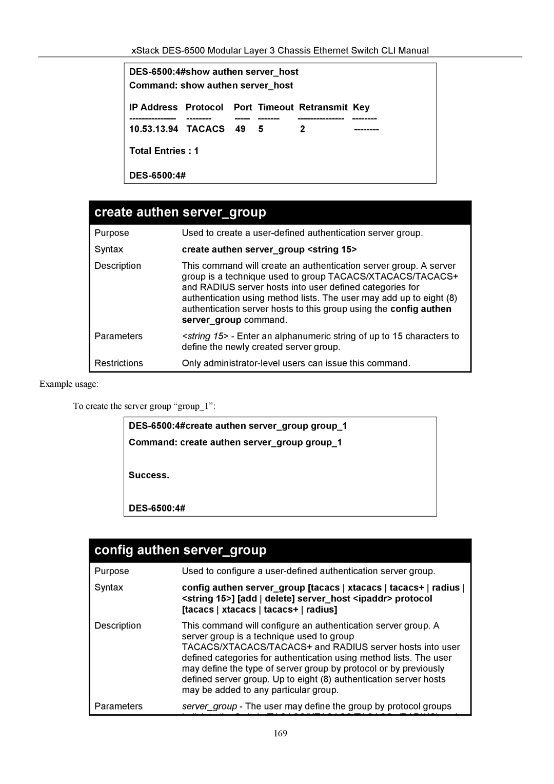 D-Link TM DES-6500 manual Create authen servergroup, Config authen servergroup 