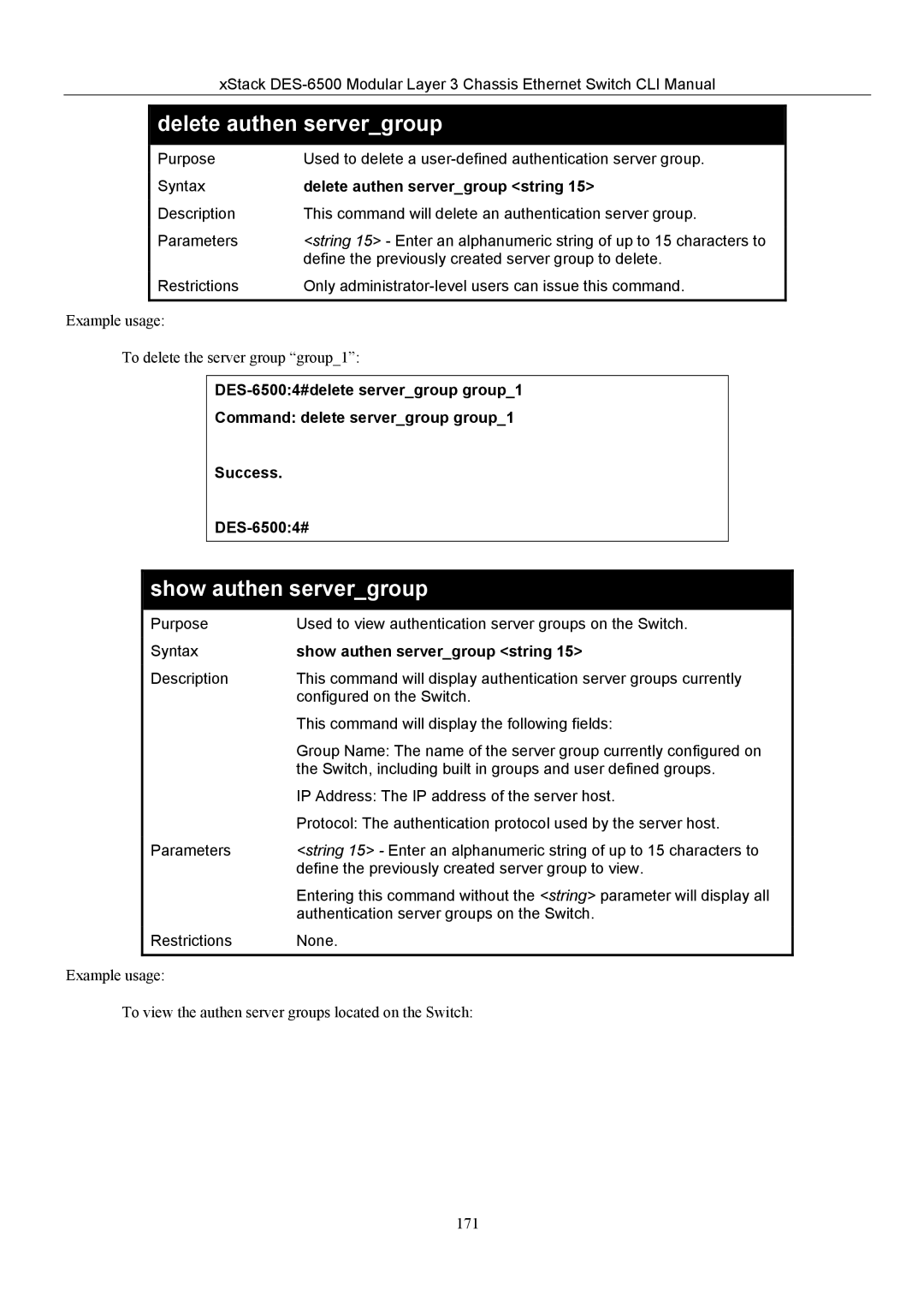 D-Link TM DES-6500 manual Delete authen servergroup string, Show authen servergroup string 