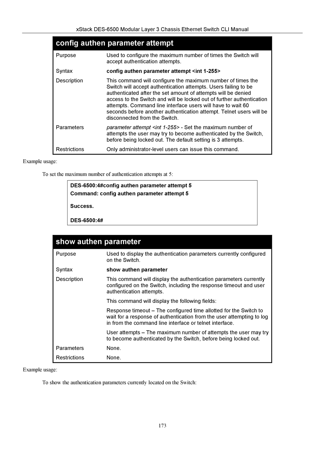 D-Link TM DES-6500 manual Show authen parameter, Config authen parameter attempt int 