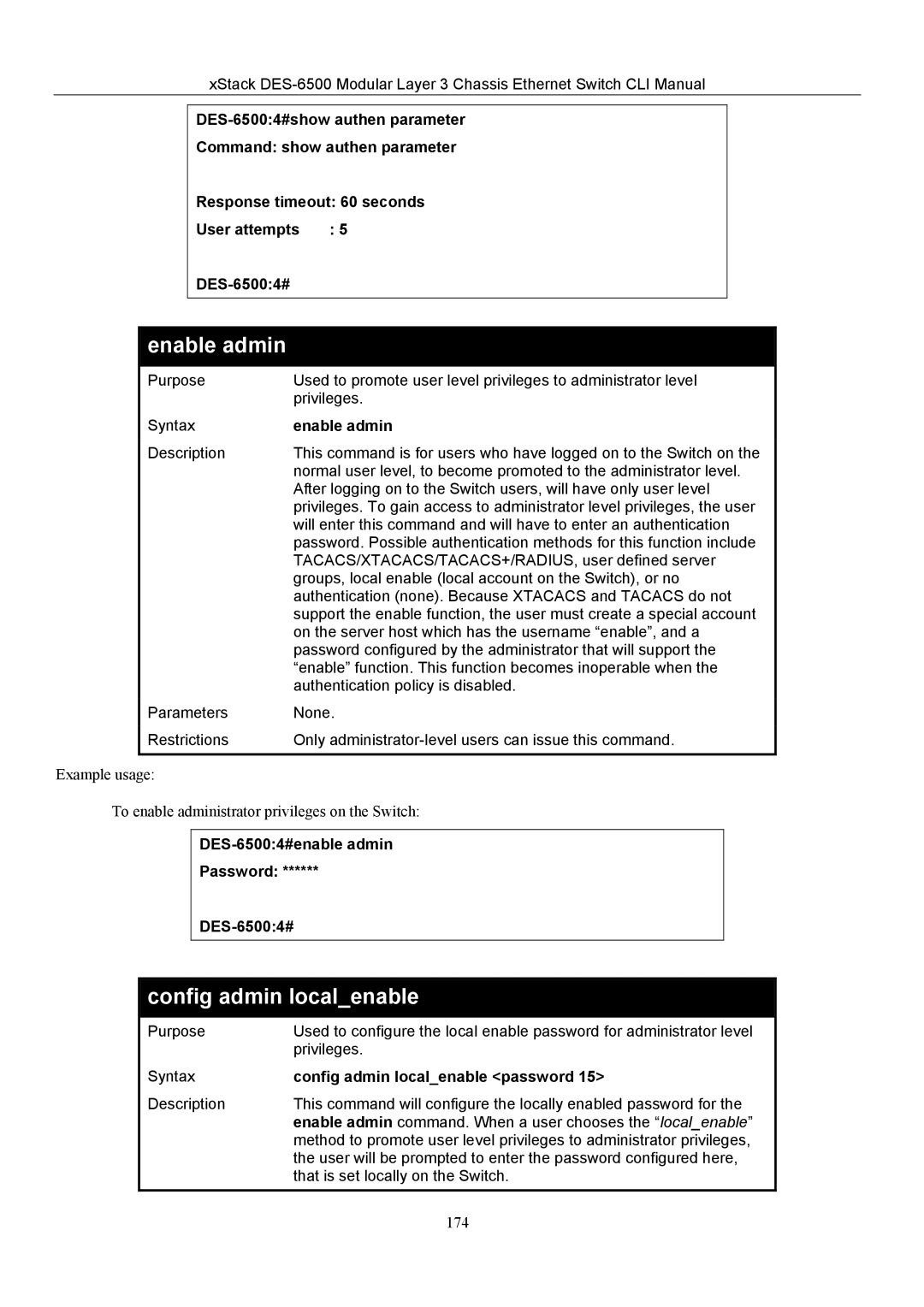 D-Link TM DES-6500 manual Enable admin, Config admin localenable, DES-65004#enable admin Password 