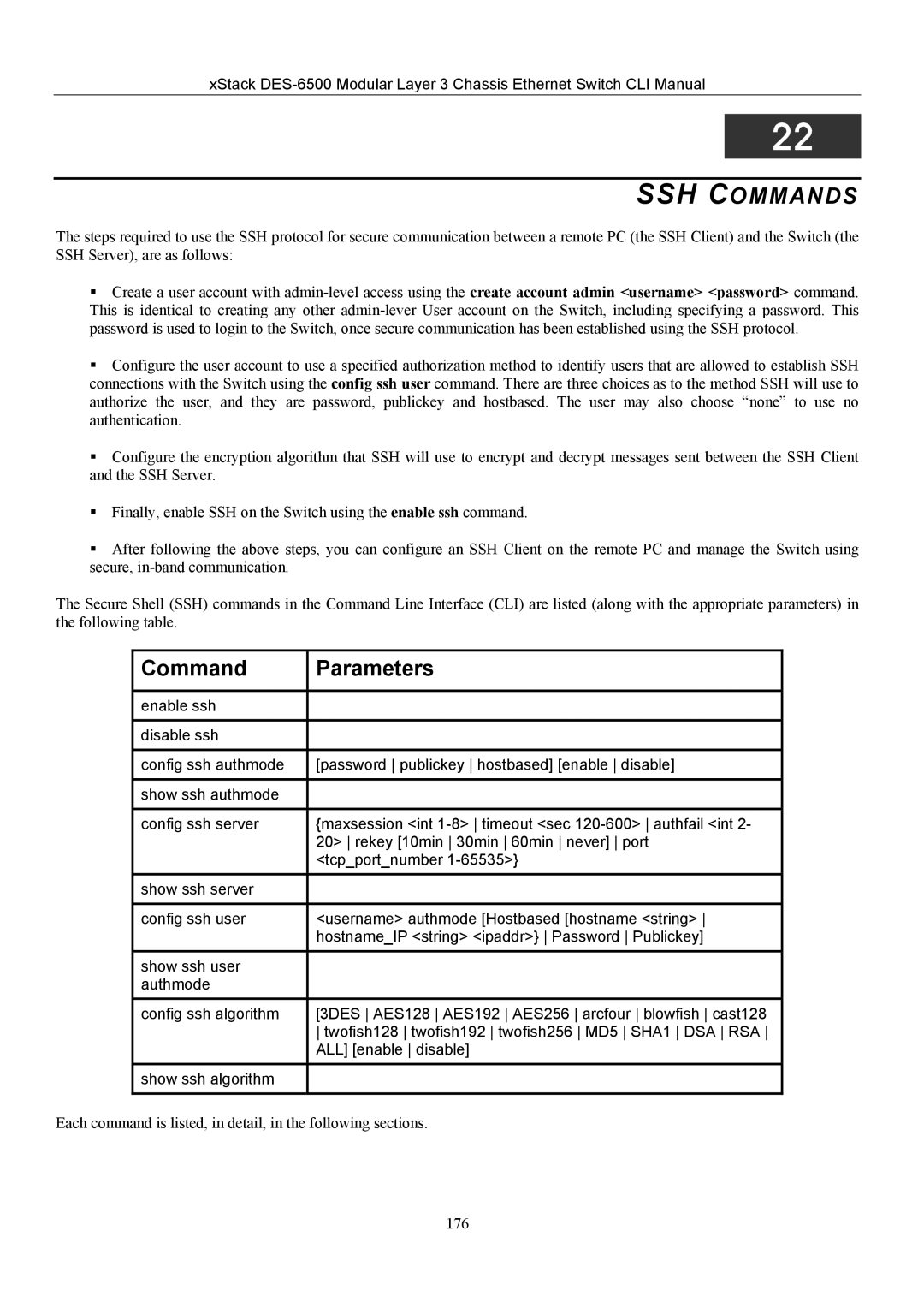 D-Link TM DES-6500 manual SSH Commands 