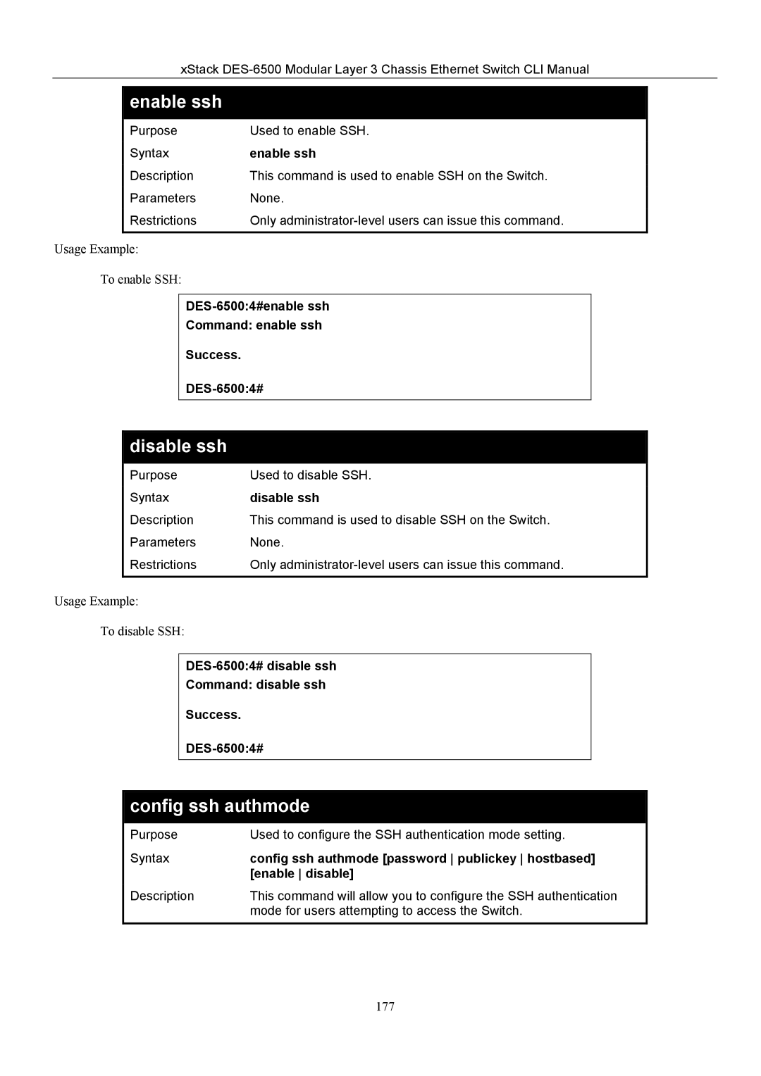 D-Link TM DES-6500 manual Enable ssh, Disable ssh, Config ssh authmode 