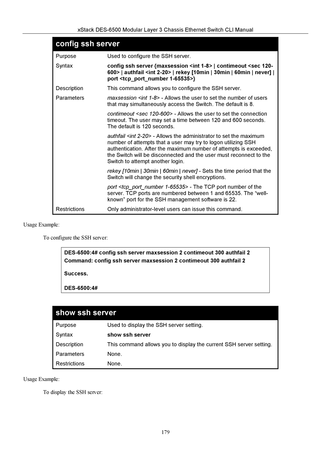 D-Link TM DES-6500 manual Config ssh server, Show ssh server 