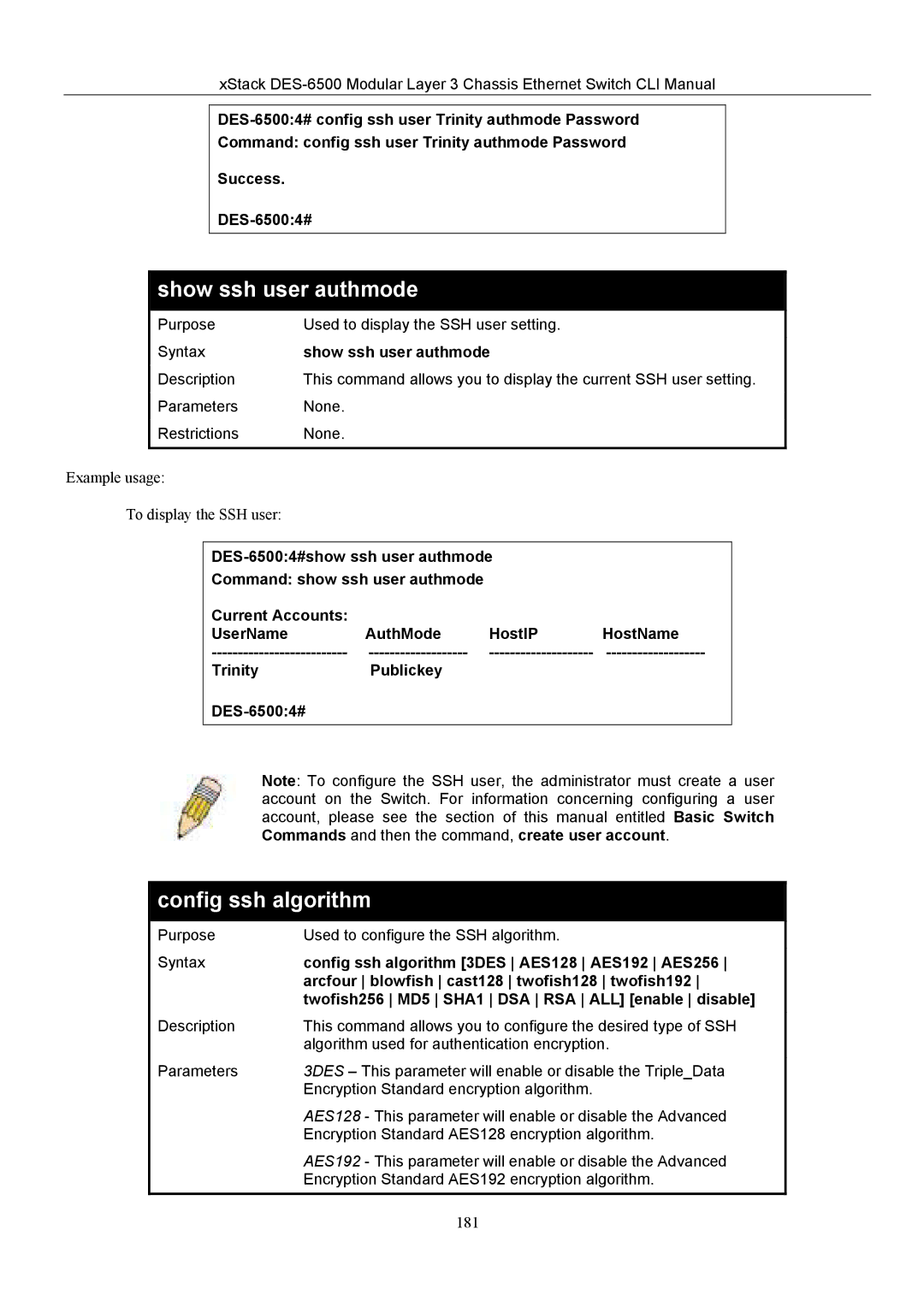 D-Link TM DES-6500 manual Show ssh user authmode, Config ssh algorithm 