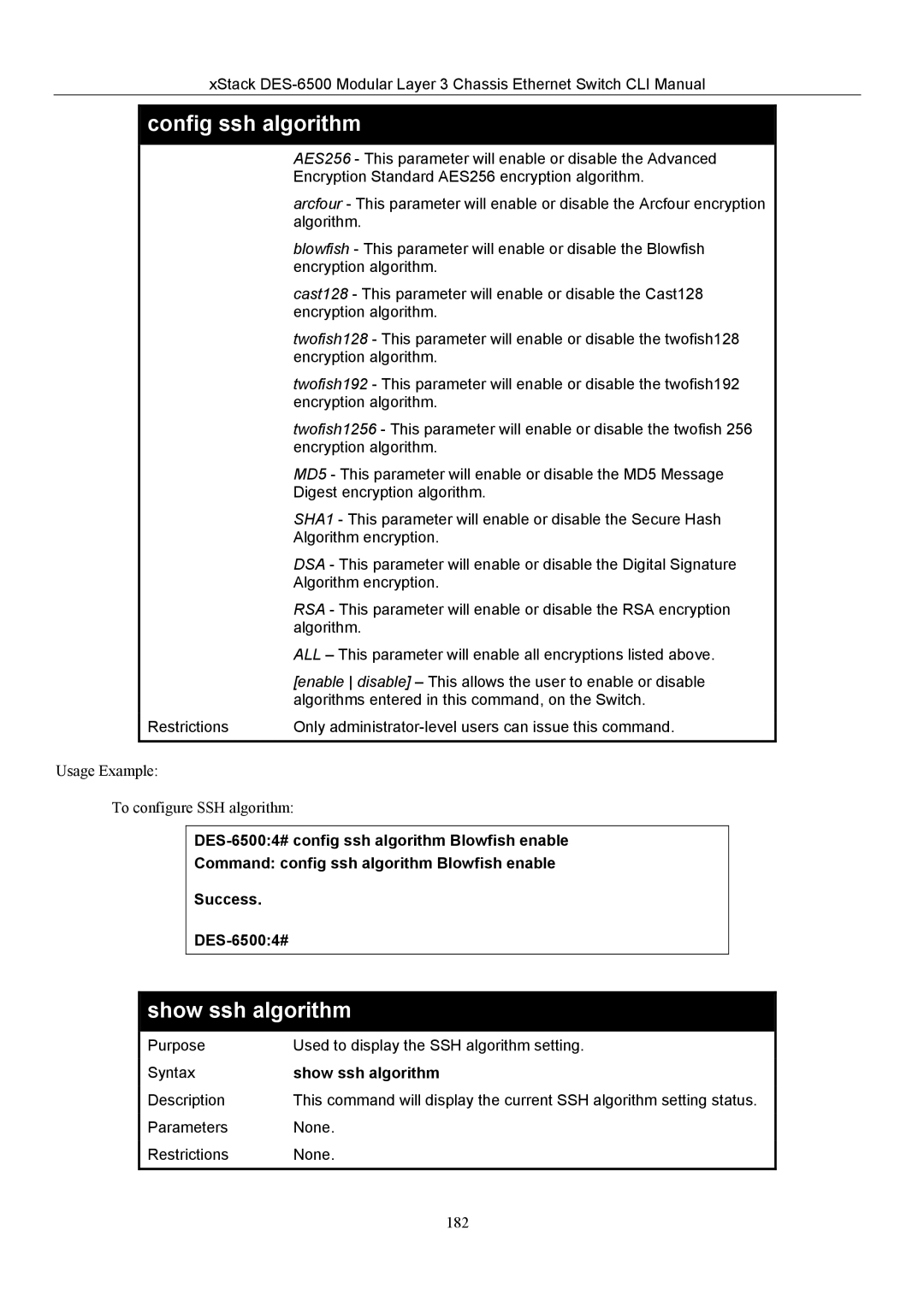 D-Link TM DES-6500 manual Show ssh algorithm 