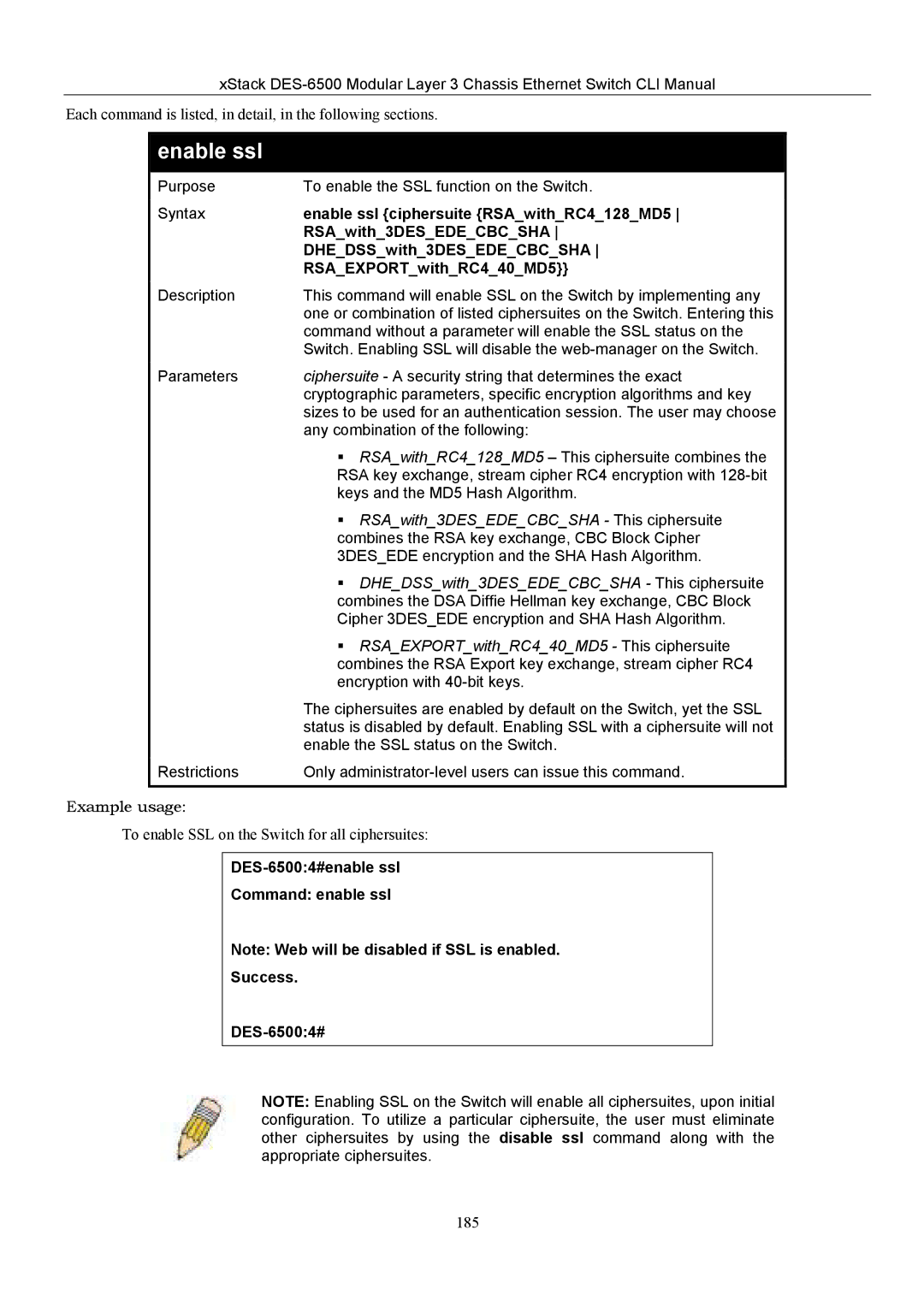 D-Link TM DES-6500 manual Enable ssl 