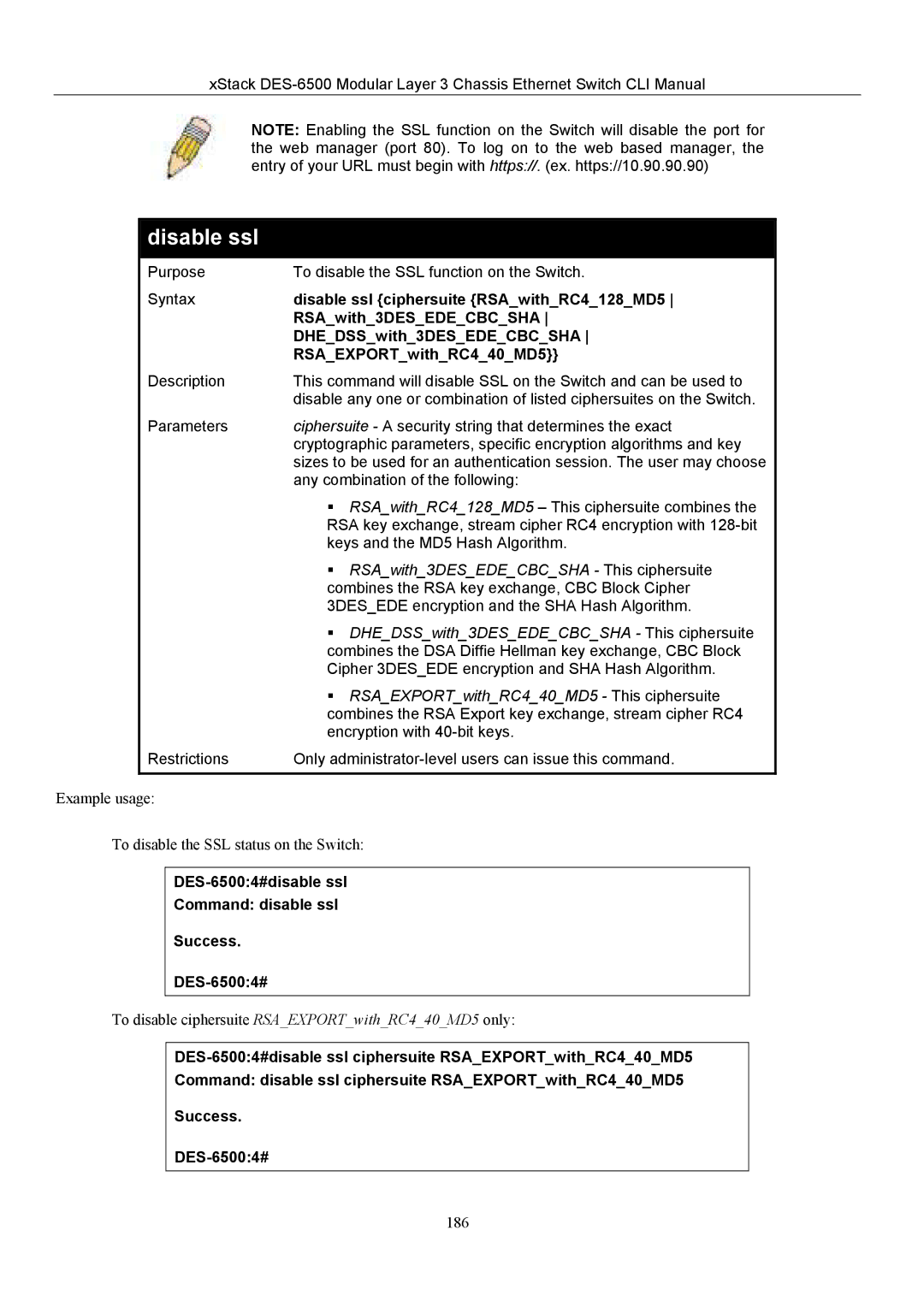 D-Link TM DES-6500 manual Disable ssl ciphersuite RSAwithRC4128MD5, DES-65004#disable ssl Command disable ssl Success 