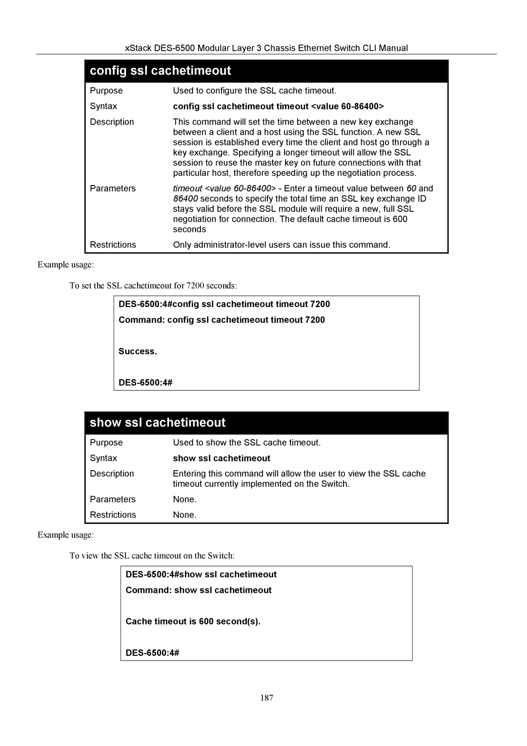 D-Link TM DES-6500 manual Show ssl cachetimeout, Config ssl cachetimeout timeout value 