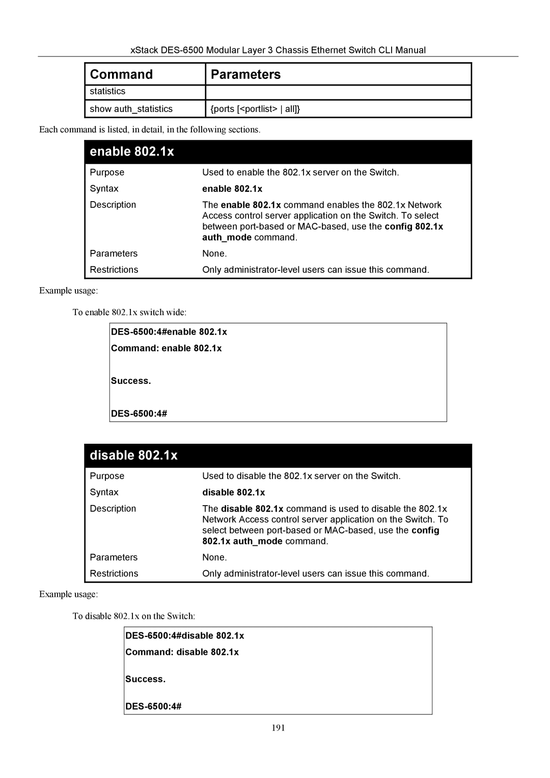 D-Link TM DES-6500 manual Enable, Disable 