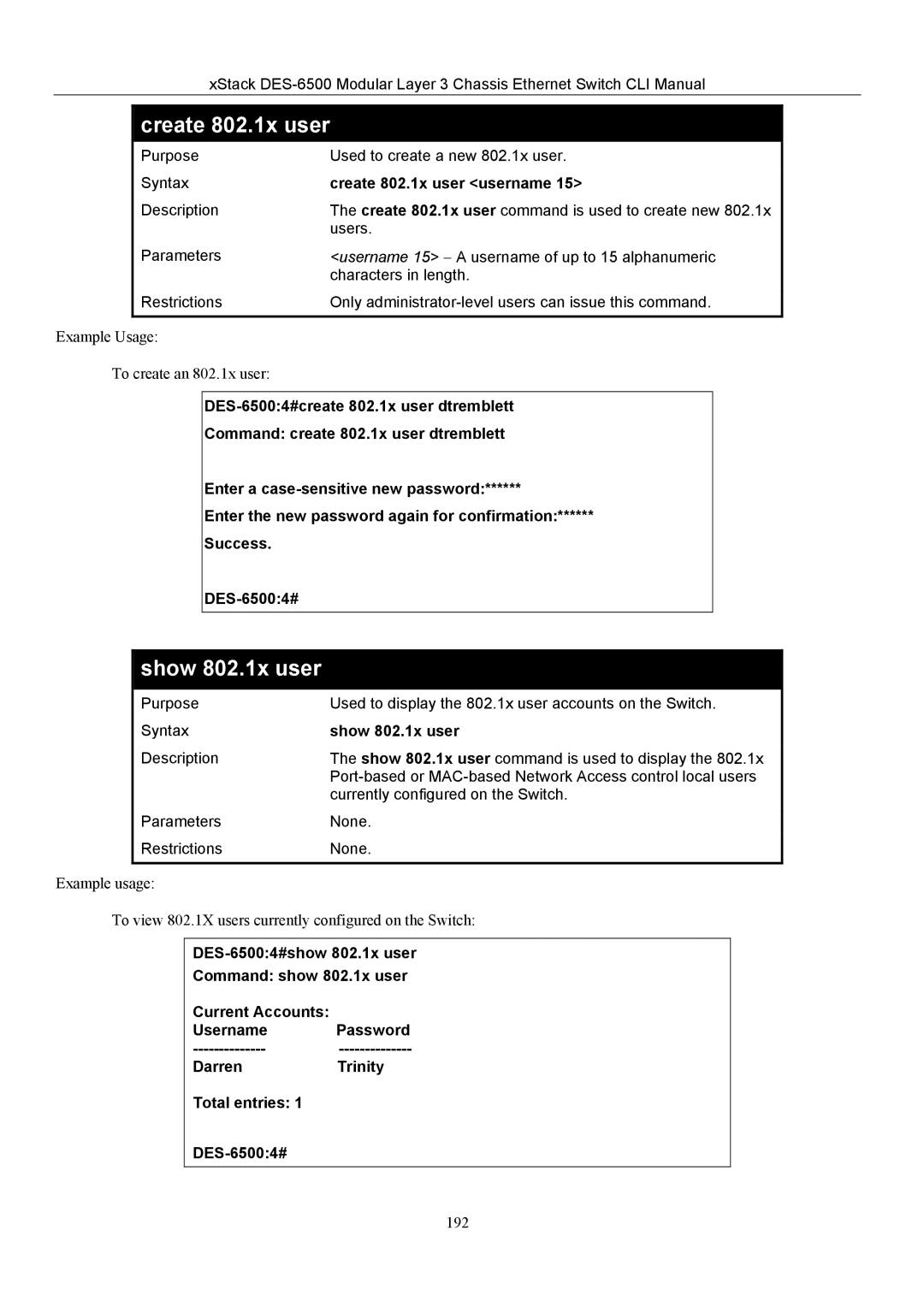 D-Link TM DES-6500 manual Show 802.1x user, Create 802.1x user username 