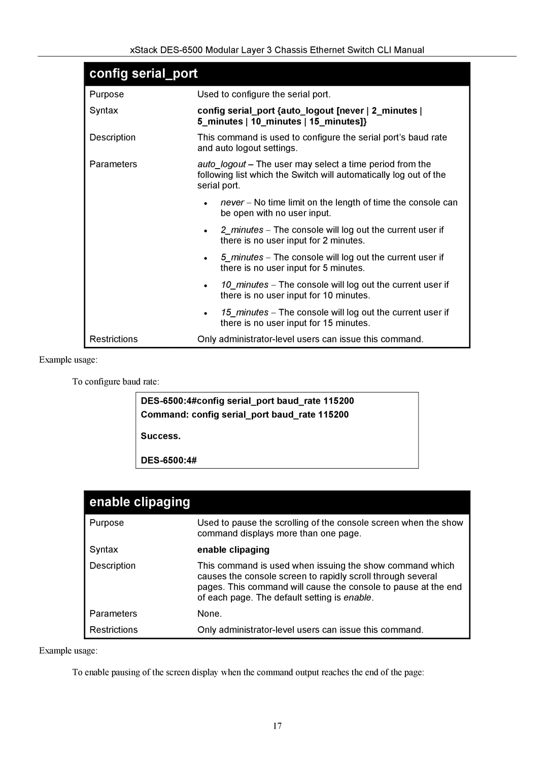 D-Link TM DES-6500 manual Enable clipaging, Config serialport autologout never 2minutes, 5minutes 10minutes 15minutes 