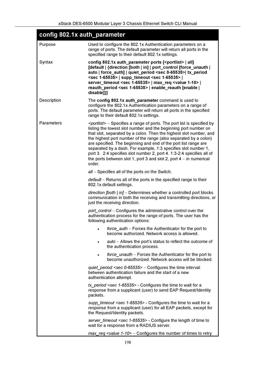 D-Link TM DES-6500 manual Config 802.1x authparameter 