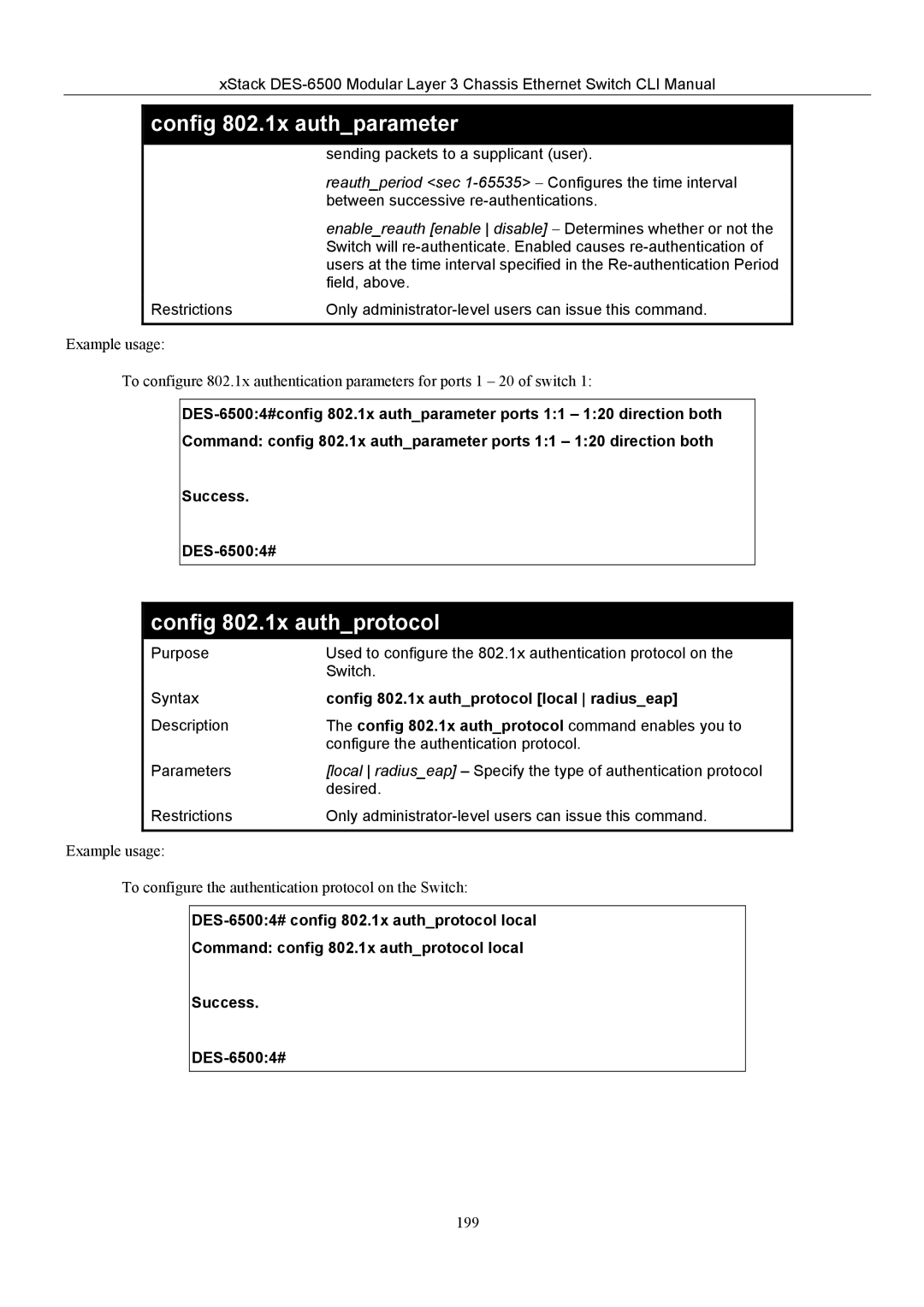 D-Link TM DES-6500 manual Config 802.1x authprotocol, Reauthperiod sec 1-65535 − Configures the time interval 