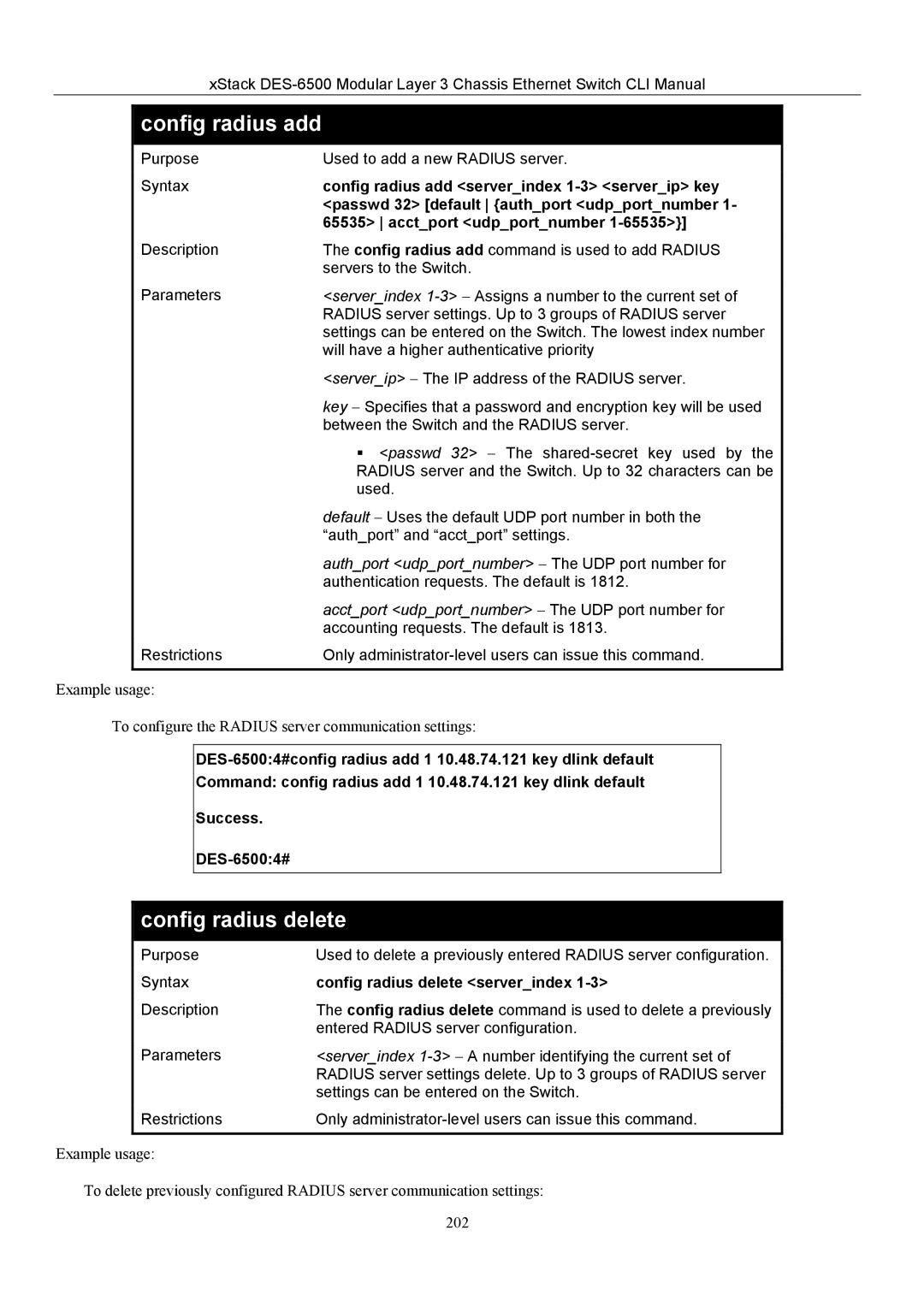 D-Link TM DES-6500 manual Config radius add, Config radius delete 