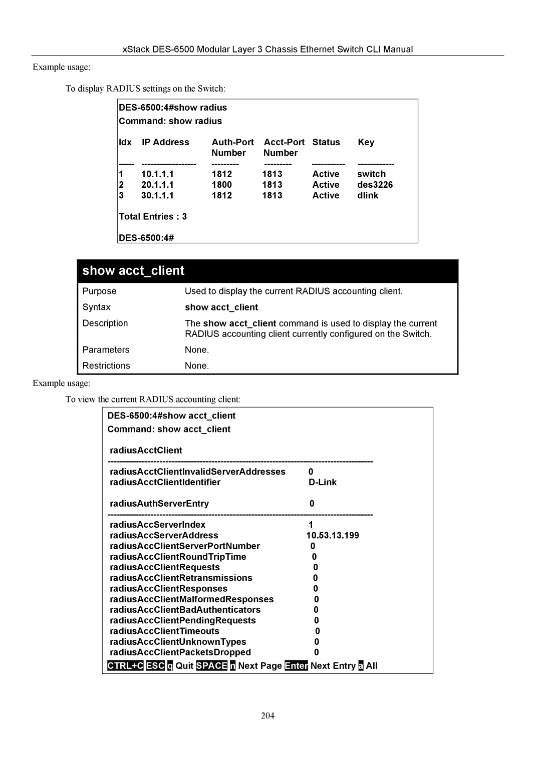 D-Link TM DES-6500 manual Show acctclient 