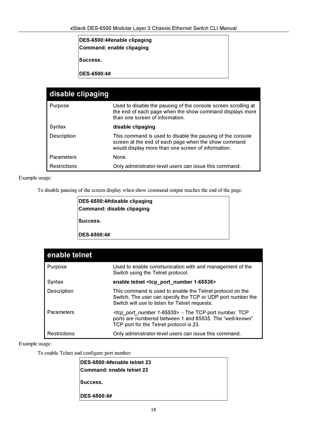 D-Link TM DES-6500 manual Disable clipaging, Enable telnet 