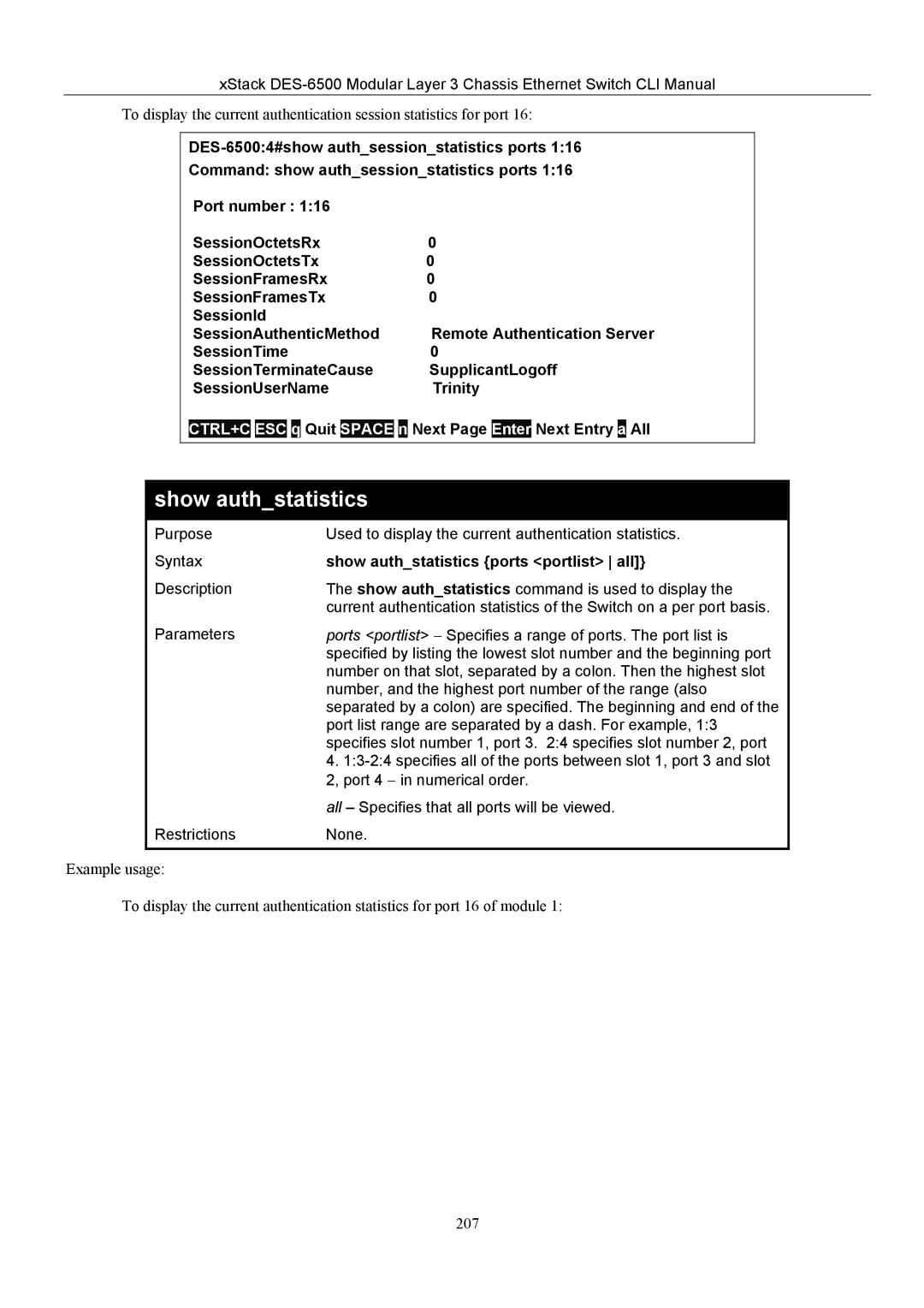 D-Link TM DES-6500 manual Show authstatistics ports portlist all 