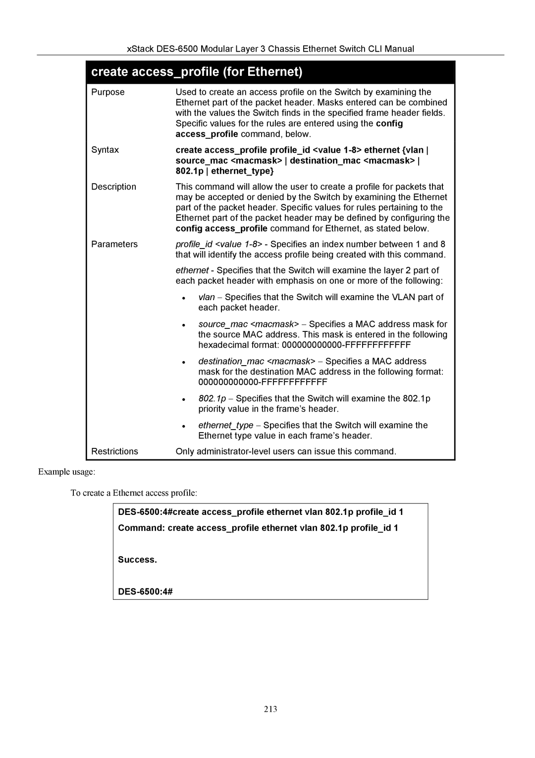 D-Link TM DES-6500 manual Create accessprofile for Ethernet, Accessprofile command, below, 802.1p ethernettype 