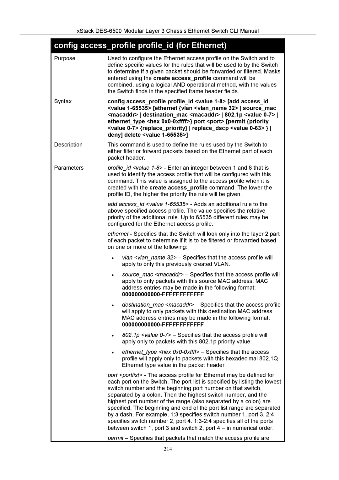 D-Link TM DES-6500 manual Config accessprofile profileid for Ethernet 