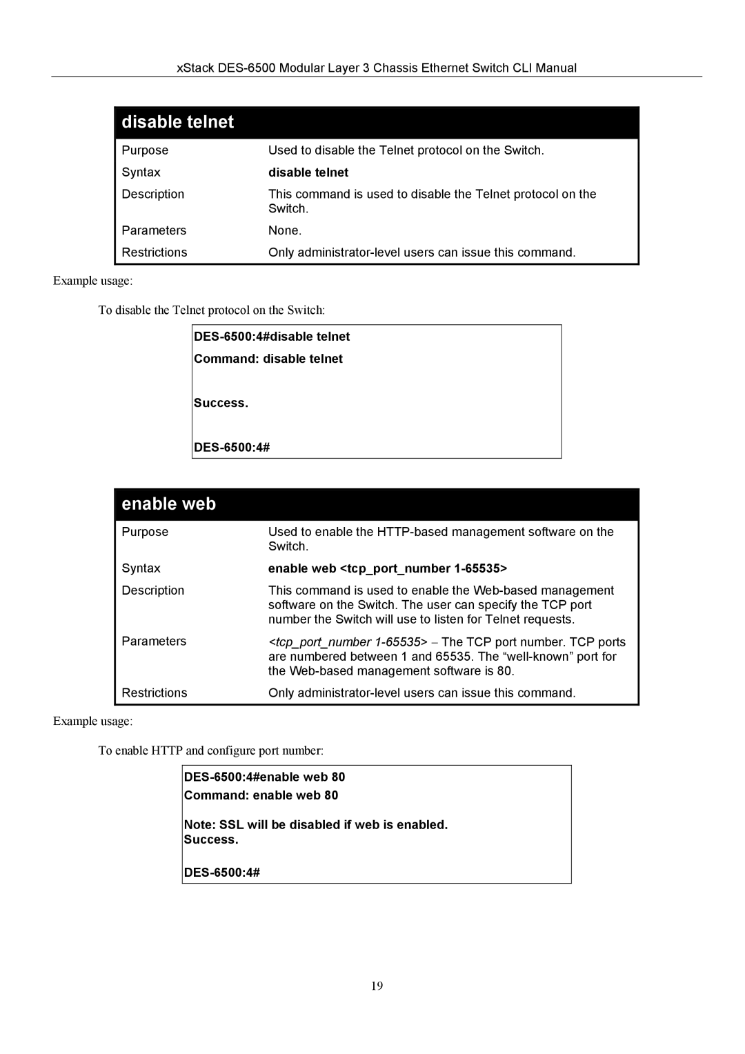 D-Link TM DES-6500 manual Disable telnet, Enable web 