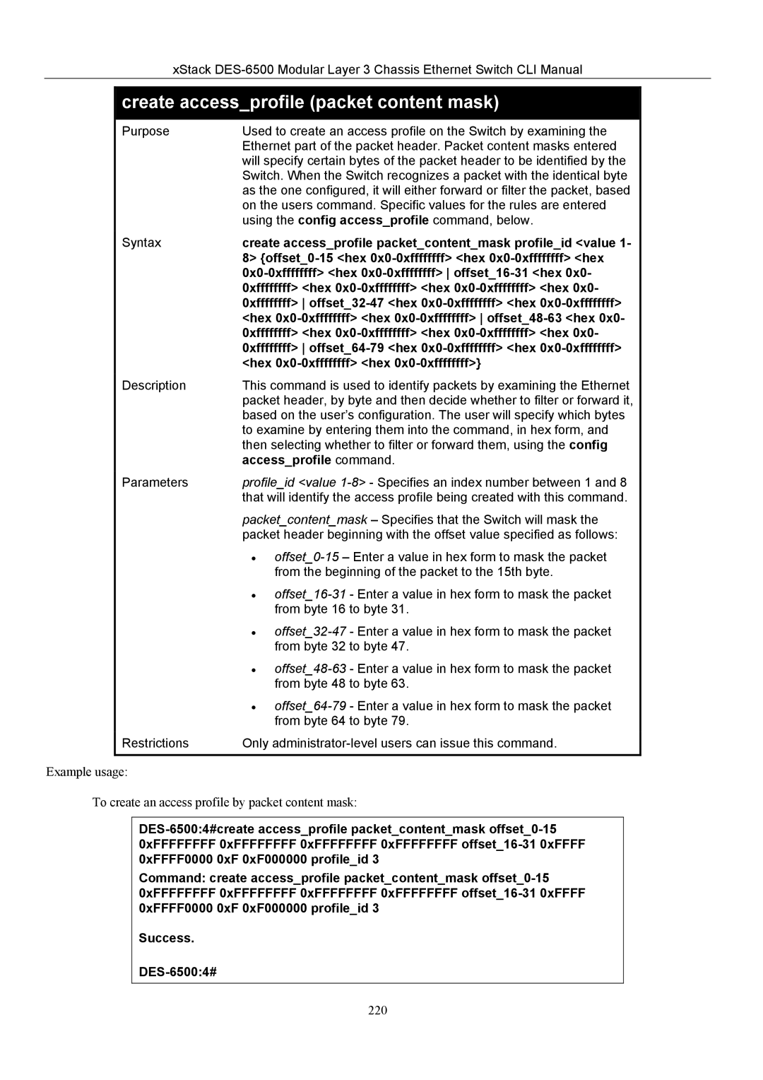 D-Link TM DES-6500 manual Create accessprofile packet content mask 