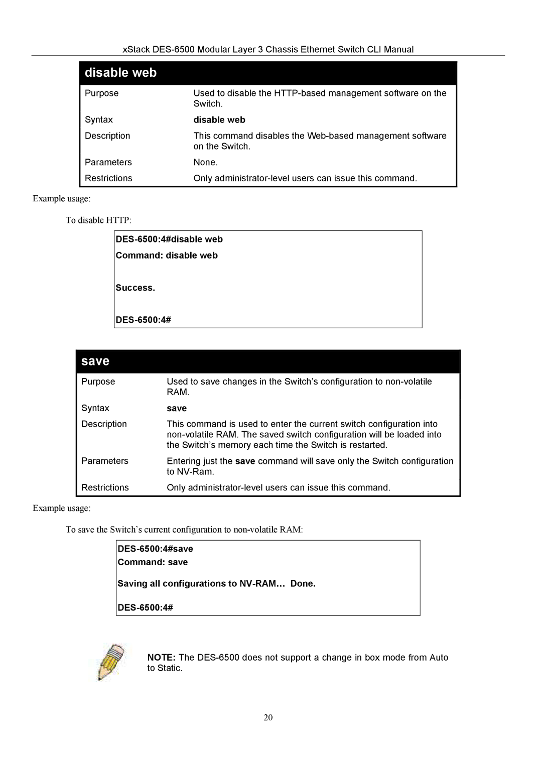 D-Link TM DES-6500 manual Disable web, Save, DES-65004#disable web Command disable web Success 