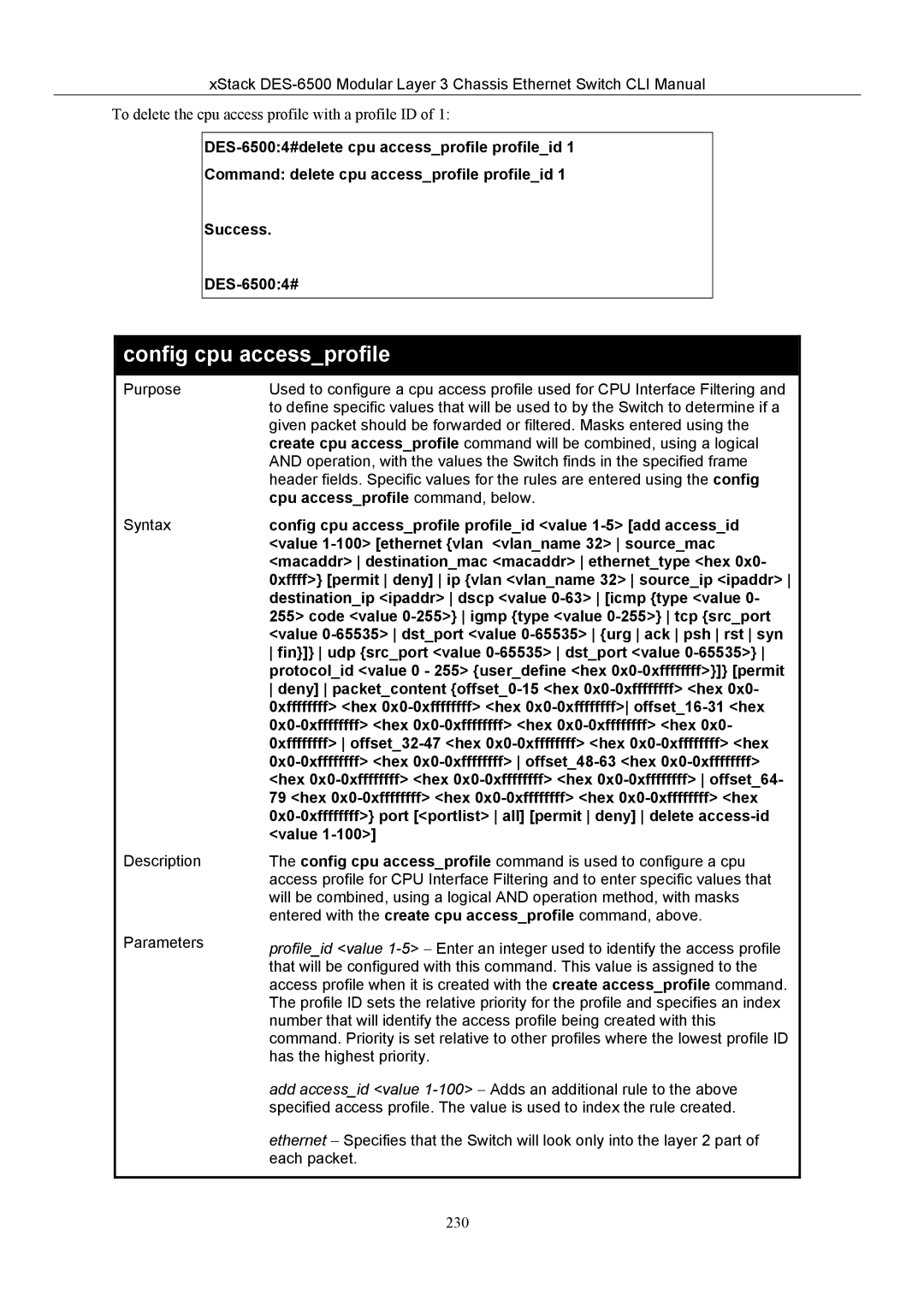 D-Link TM DES-6500 manual Config cpu accessprofile 